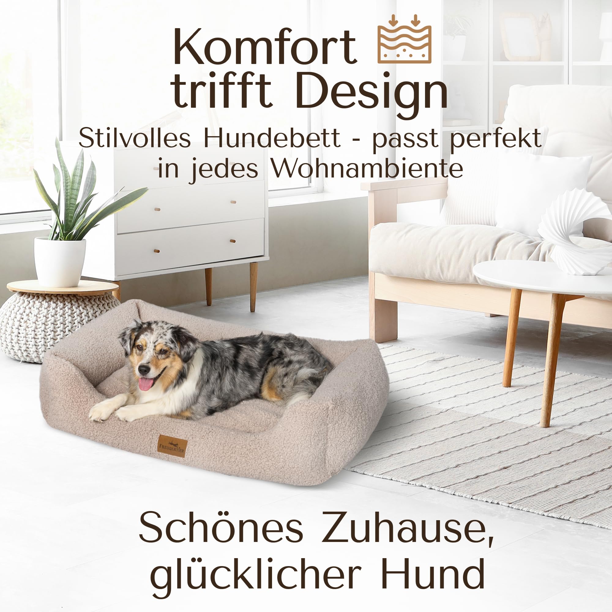 FREUDENTIER Orthopädisches Hundebett aus Teddy, Waschbar, Made in EU | Gelenkschonendes Hundesofa für kleine, mittelgroße & große Hunde - herausnehmbares Liegekissen - kuscheliger Hundekorb