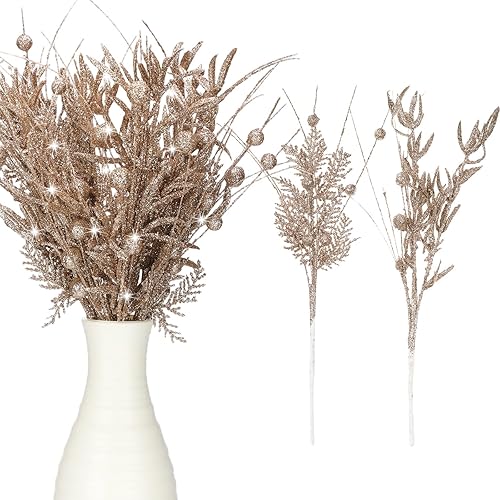 16 Pcs Christmas Glitter Picks Branches Artificial Christmas Berries Stems Pine Needles Floral Twig Spray for Xmas Tree Xmas Vase Filler Ornaments DIY Wreath Garland Home Decor Holiday(Champagne)