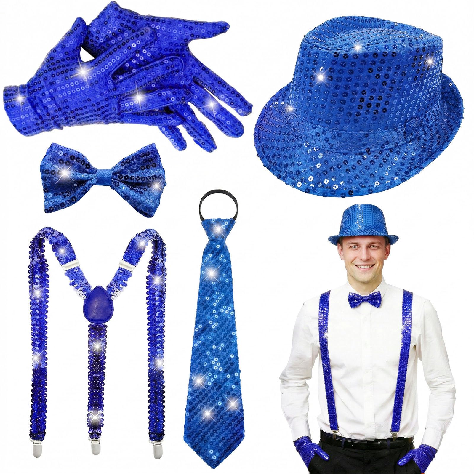 ELECLAND 6 Pieces 1970s Men Disco Accessories Set for Party Halloween Cosplay Hat Bow Tie Gloves Necktie Suspenders (Blue)