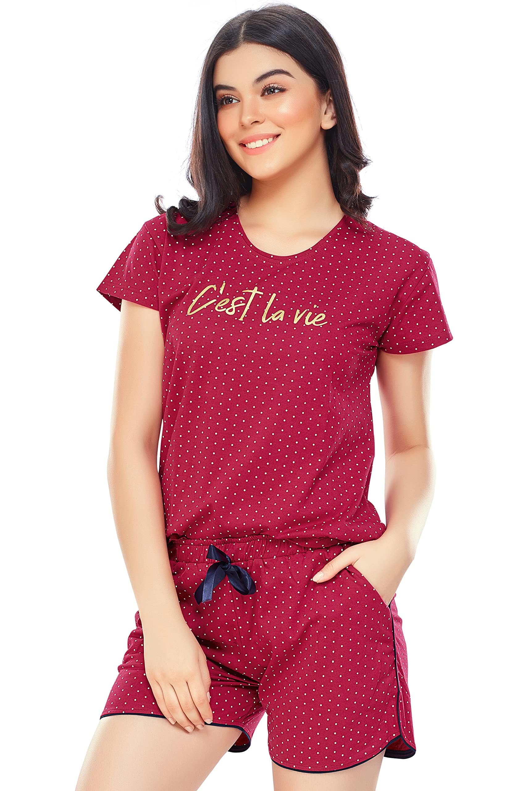 Women's Cotton Dot Printed Night Suit Set of Top & Shorts 5228-image-42