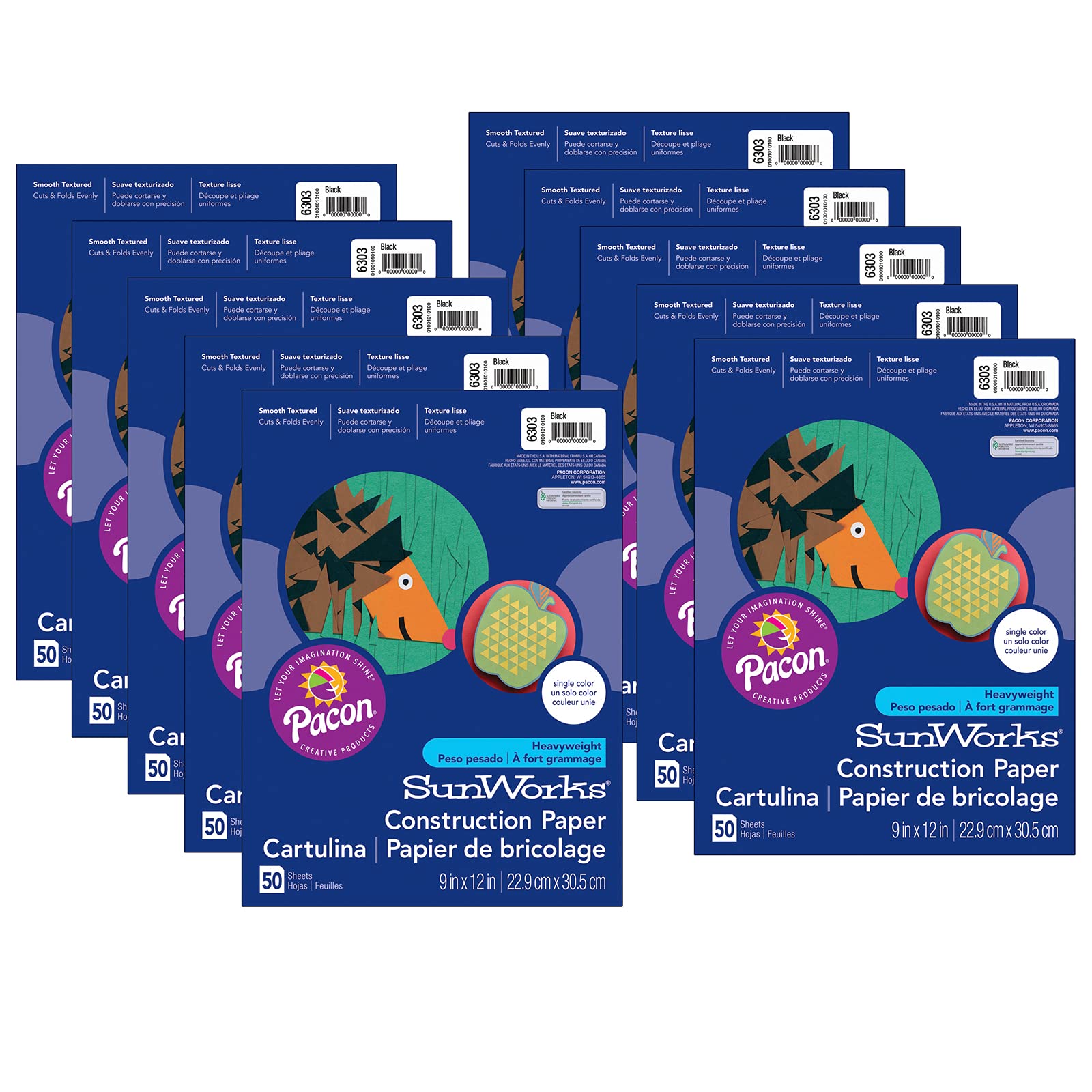 SunWorks(r) Construction Paper, Black, 9" x 12", 50 Sheets Per Pack, 10 Packs