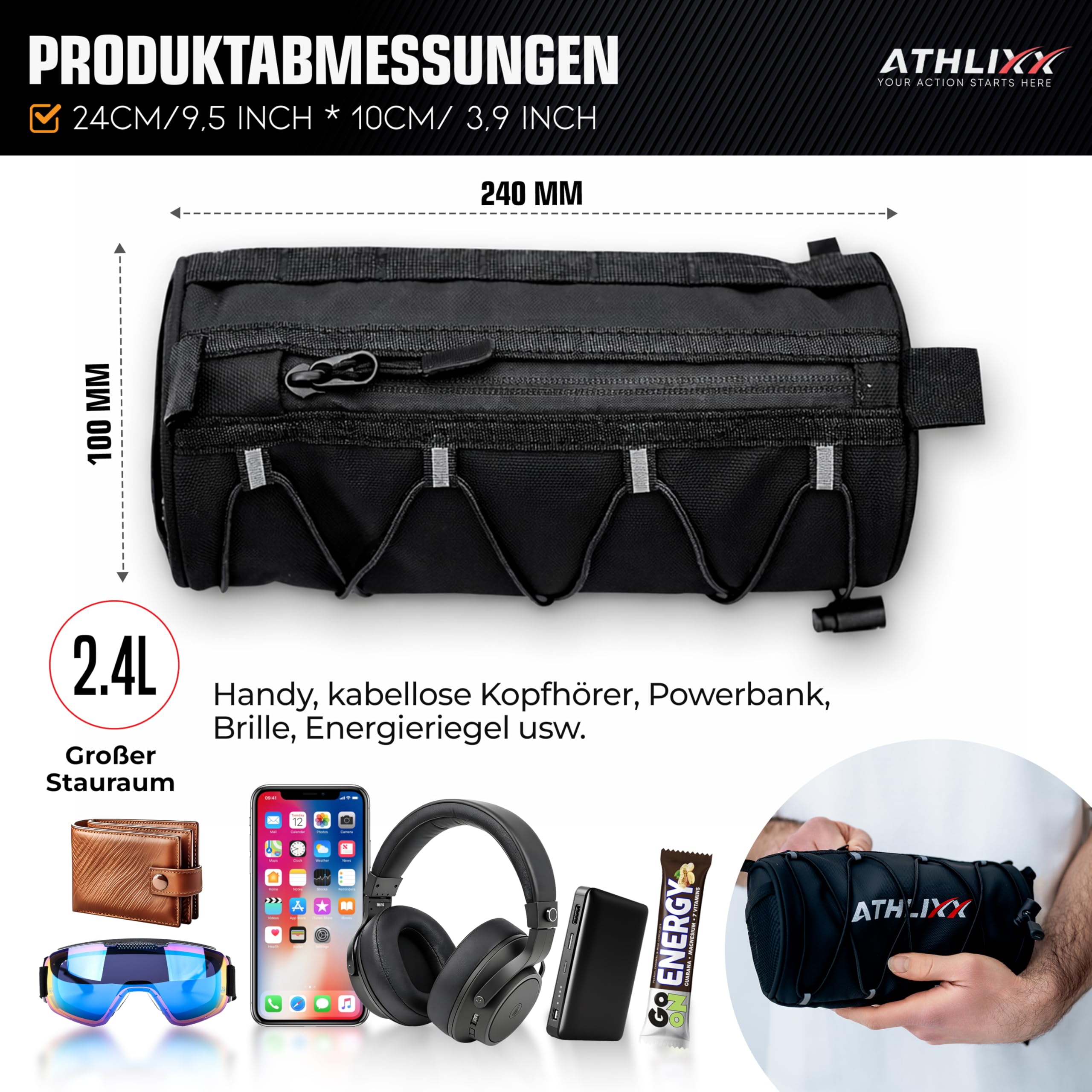 Fahrradtasche 2,4L – wasserdichte Lenkertasche/Rahmentasche – 240×100 mm – 3 Straps, Handstrap & Schultergurt – für Rennrad, MTB, Gravel, E-Bike – Schwarz