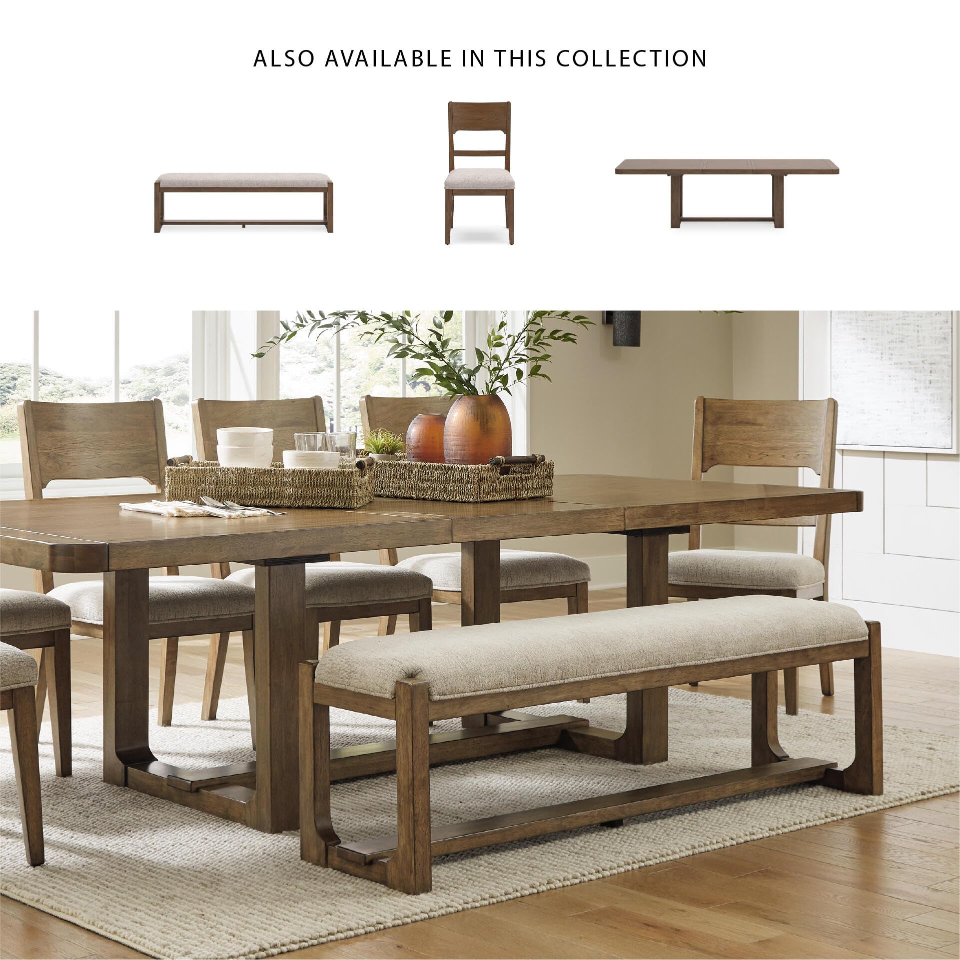 Signature Design by Ashley Cabalynn Farmhouse Upholstered Dining Bench, Foam Cushion, Hardwood Solids, 63.5" W x 16.5" D x 19.75" H, Beige & Light Brown | Hardwood solids and MDF substrates, Comfortable modern farmhouse seating, Versatile 63-inch profile,