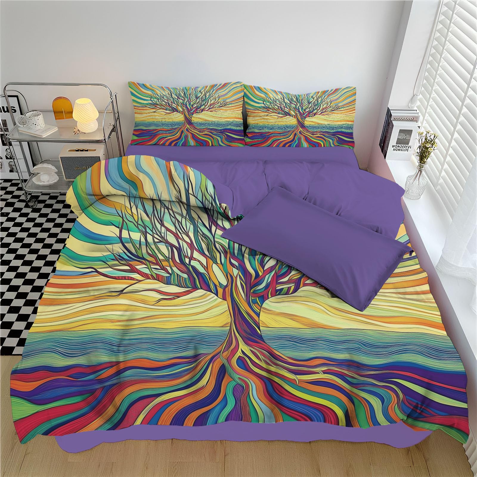 Parure de lit lignes arbres 240x260 cm anti-transpiration pour lit enfant
