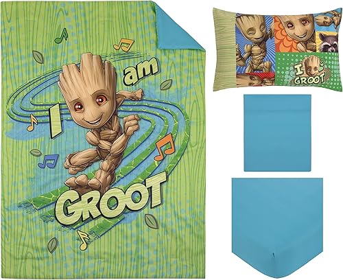 Miniatura 8 de NoJo Marvel Guardians of The Galaxy I Am Groot - Juego de cama infantil de 4 piezas verde y azul, edredón, sábana bajera ajustable, sábana encimera