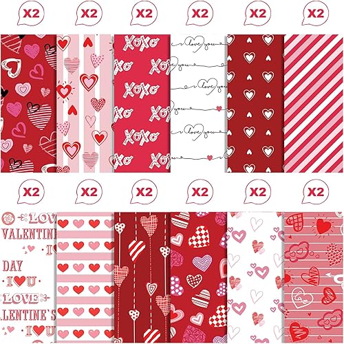 Miniatura 3 de 24 hojas de papel con patrón de San Valentín de 11.8 x 11.8 in, papel de corazón de amor, papel de manualidades rojo y rosa para manualidades,