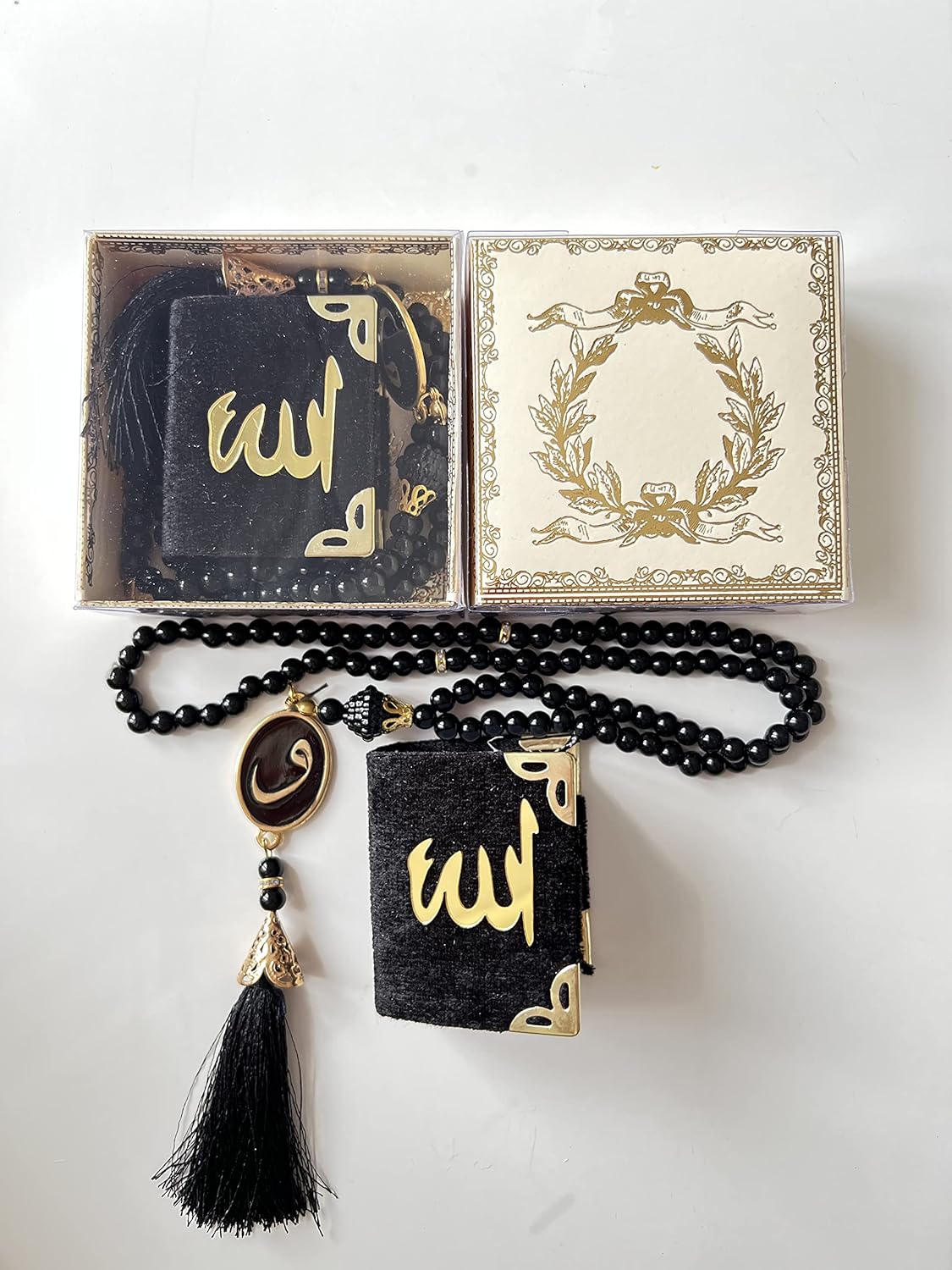 Decoret Mini Velvet Quran and Pearl Prayer Beads I Mini Velvet Quran I Prayer Beads I Perfect Islamic Gift I Mawlid Gift | Islamic Gifts I Children for Islamic Gift I (2 Sets, White&Black)