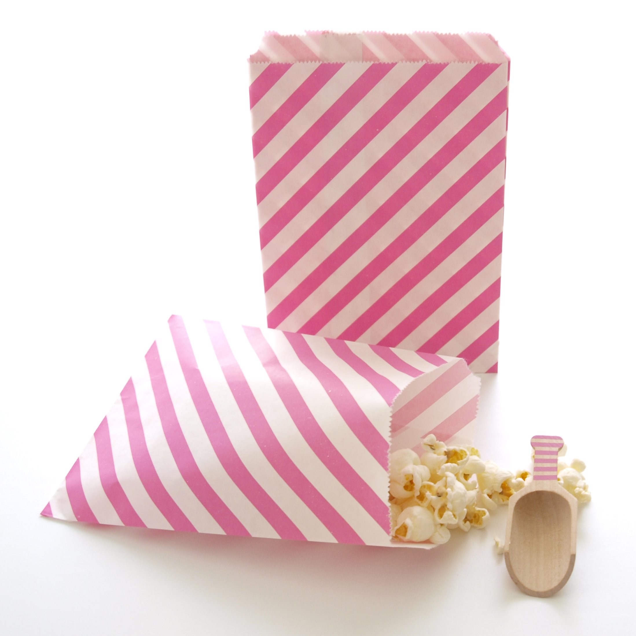 Hot Pink Stripe Paper Treat Bag | 25 Pack | Food Grade Paper Goodie Bag | Party Supplies