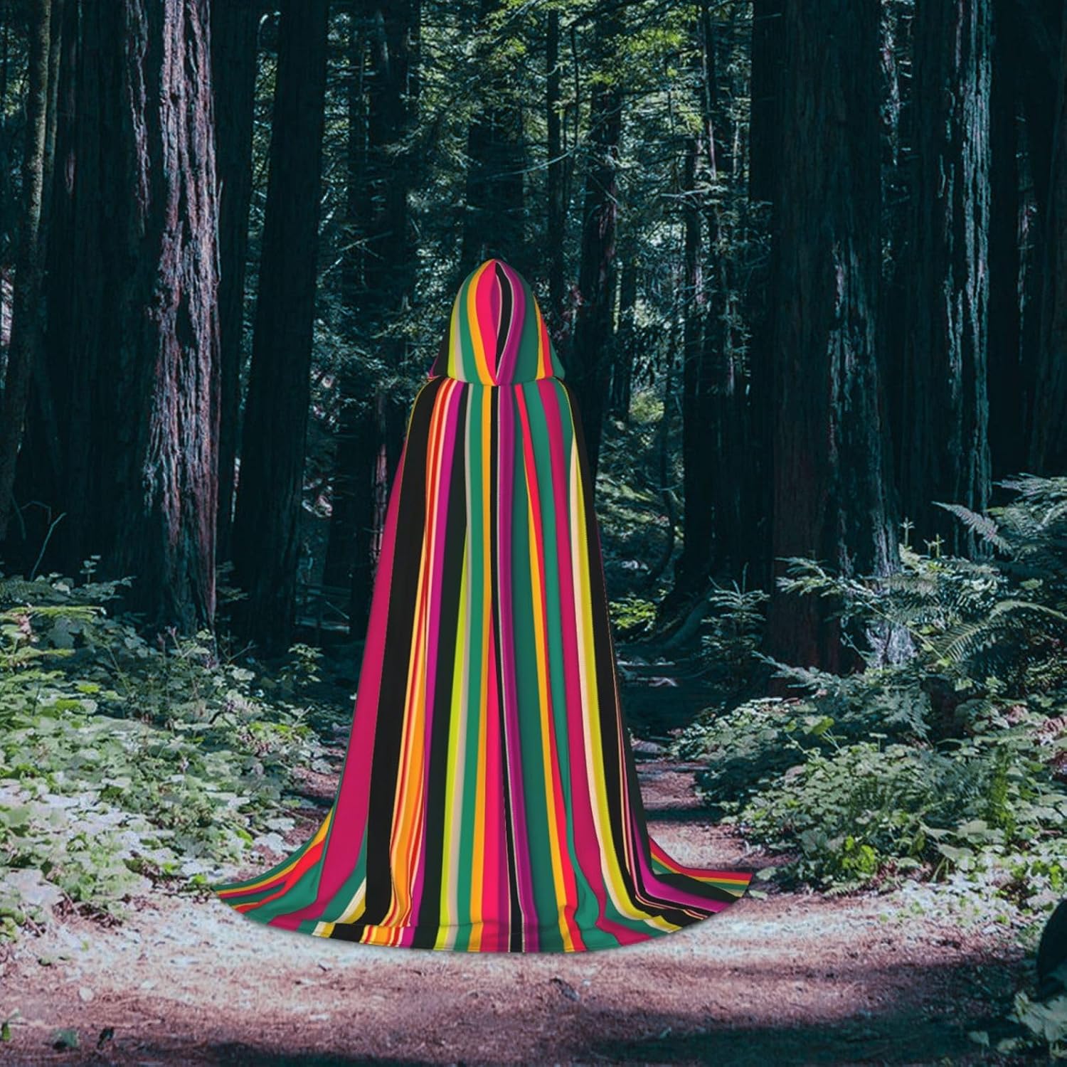 Rainbow Colored Striped print Wizard Hooded Robe Medieval Cape Renaissance Cloak for Men Women Halloween Costume
