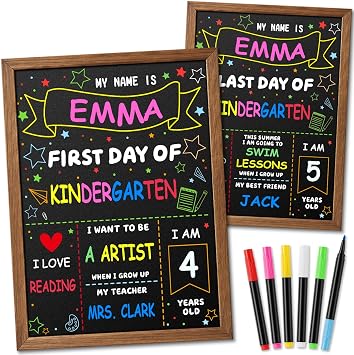 First & Last Day of School Sign, Double-Sided Back to School Board, 11 x 14 Reusable Wooden Chalkboard with 6 Color Liquid Markers, Preschool/Kindergarten/1st Grade Photo Prop for Kids