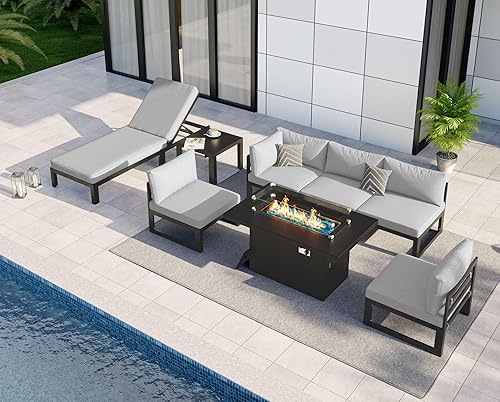 Miniatura 109 de NICESOUL 7 Piece White Powder-Coated Aluminum Patio Furniture with Fire Pit Table, 29 Inch Extra Wide Outdoor Sectional Sofa for 6, High-End Heavy