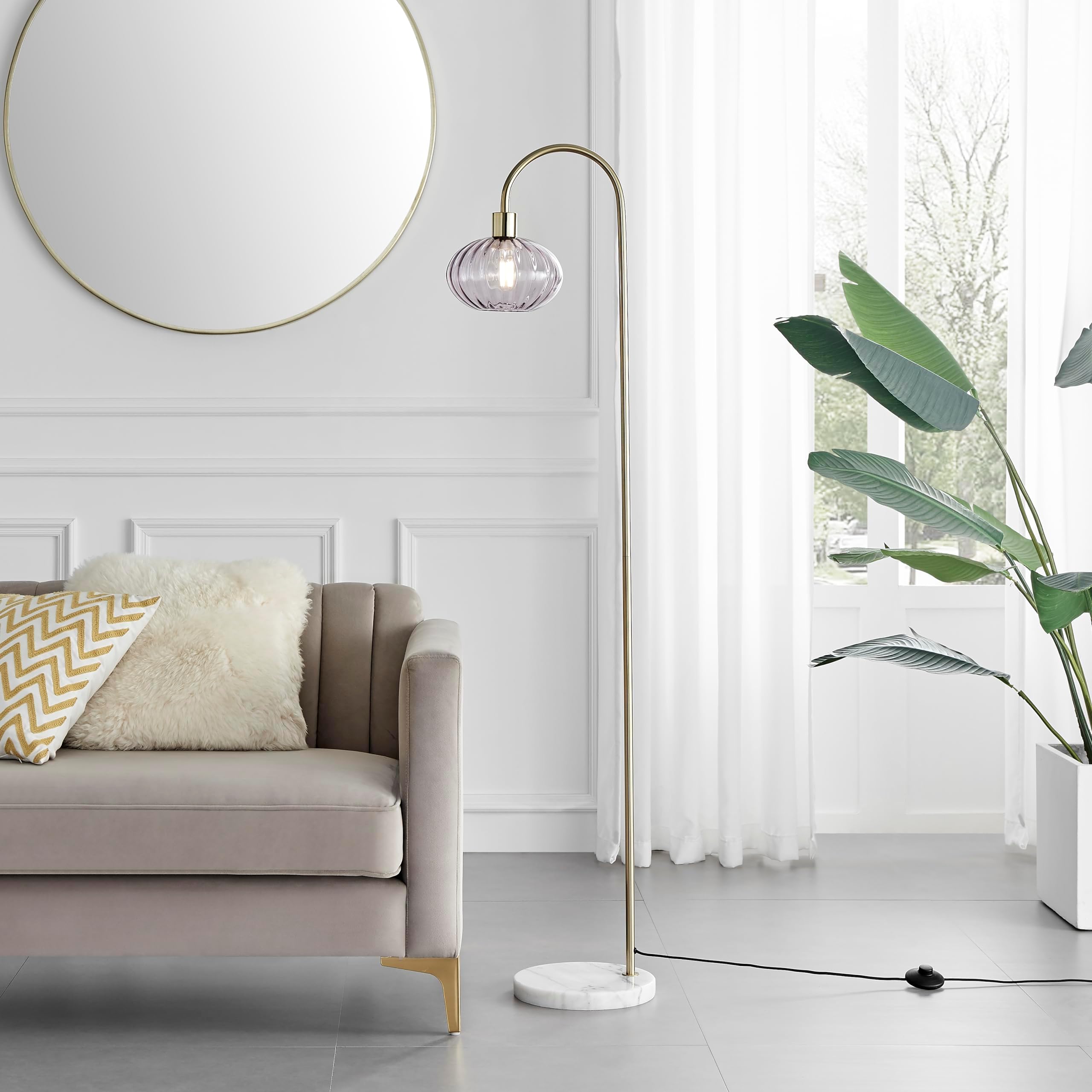 Furniturebox UK Edith Floor Lamp - Round Smoked Glass Shade Standing Lamp - Brass Curved Hook Stand White Marble Base - Statement Lamp - Modern Meets Retro Vintage Living Room Bedroom Lighting