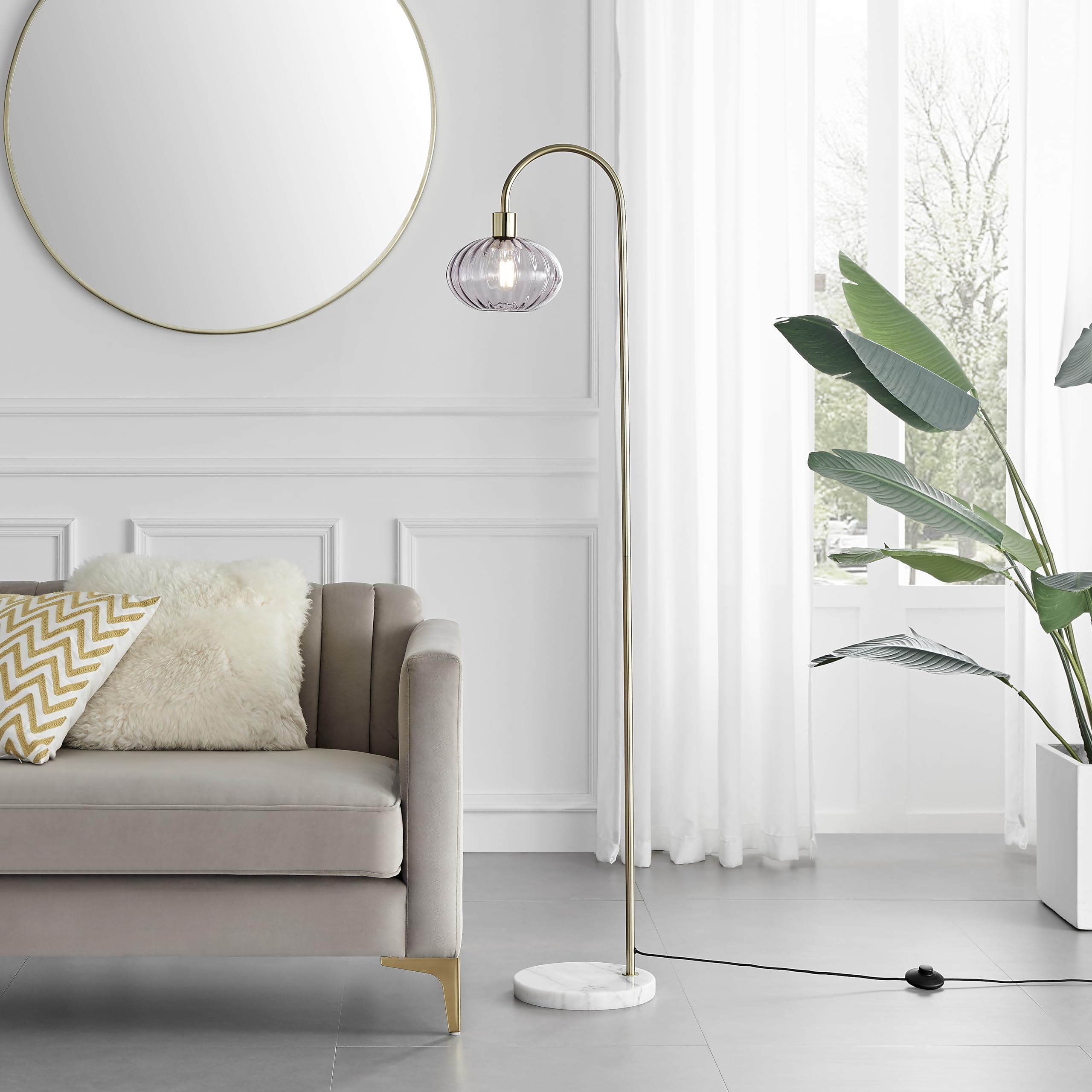 Furniturebox UK Edith Floor Lamp - Round Smoked Glass Shade Standing Lamp - Brass Curved Hook Stand White Marble Base - Statement Lamp - Modern Meets Retro Vintage Living Room Bedroom Lighting