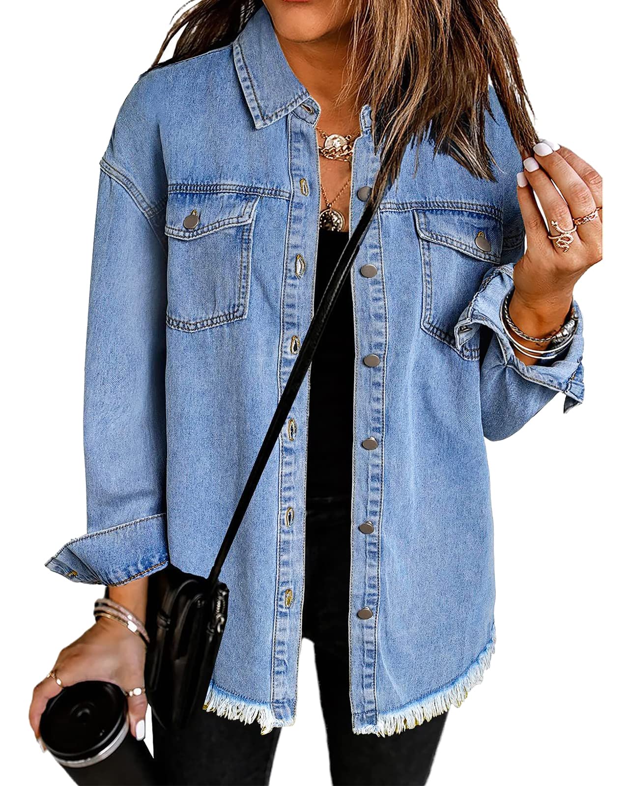 Roskiky Jacke Damen Oversized Button Up Frayed Hem Shacket Langarm Taschen Denim Jean Jacket