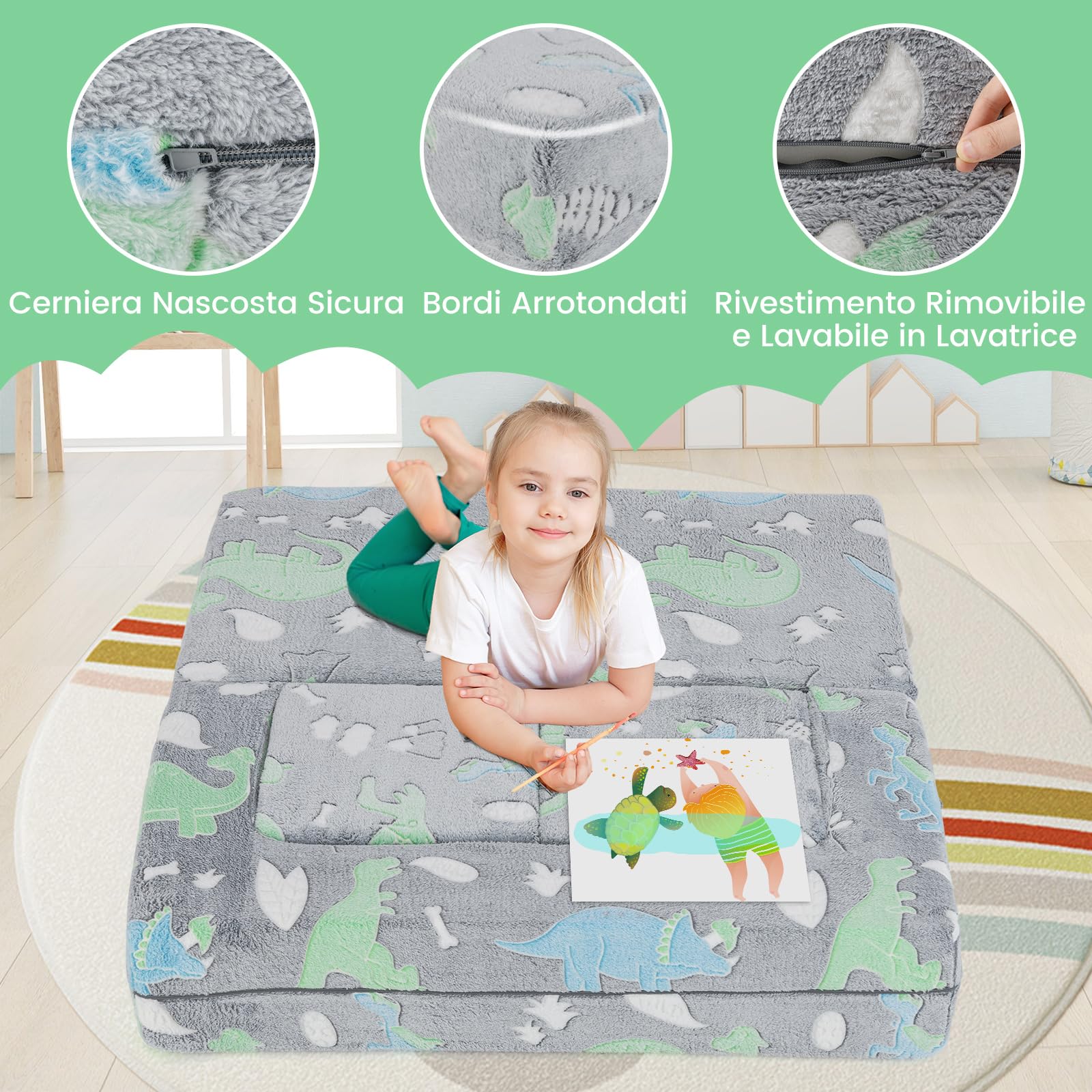 COSTWAY Divano Pieghevole 3 in 1 per Bambini Brilla al Buio, Poltrona Bambini con Rivestimento in Flanella Rimovibile e Lavabile, Pouf per Cameretta (Dinosauro Grigio)