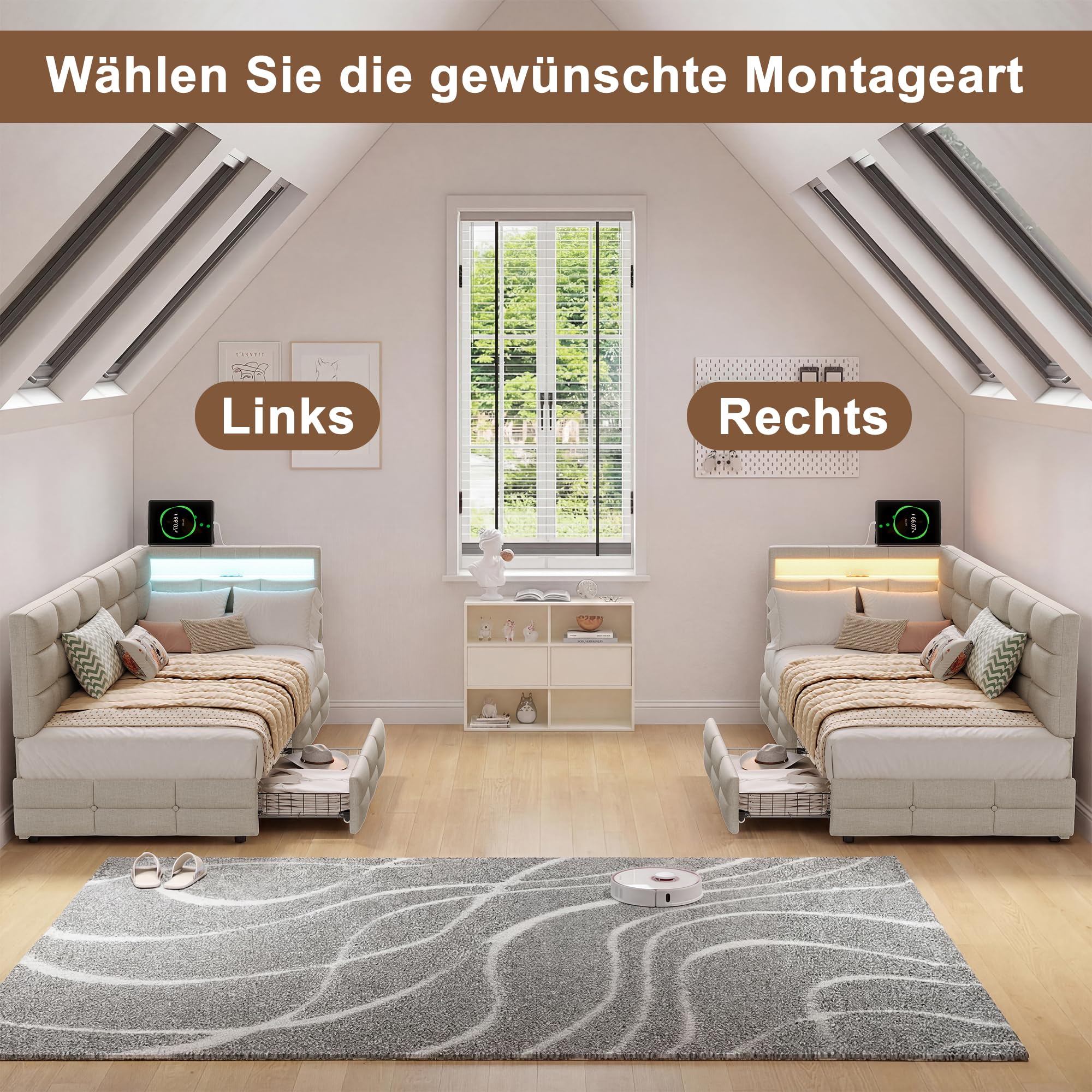 Polsterbett Schlafsofa 90x200 mit LED-Beleuchtung & USB-Ladestation, Jugendbett Tagesbett mit Stauraum & 2 Schubladen, Gästebett Bettgestell mit Lattenrost, Leinen Beige