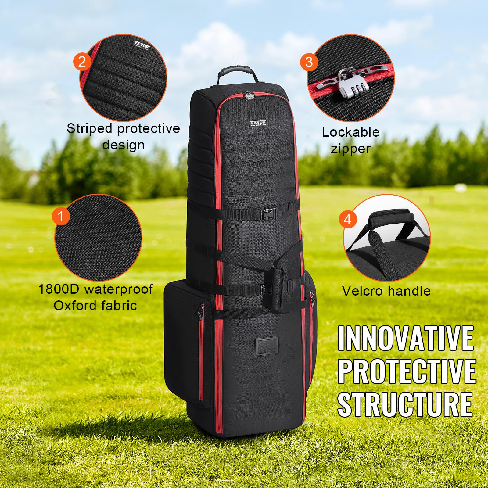 VEVOR Borsa da Viaggio per Golf, Custodia Morbida da Viaggio per Esterni, in Poliestere Oxford 1800D Resistente, Impermeabile, Imbottita con Ruote, Borsa Pieghevole per Mazze da Golf per Aereo