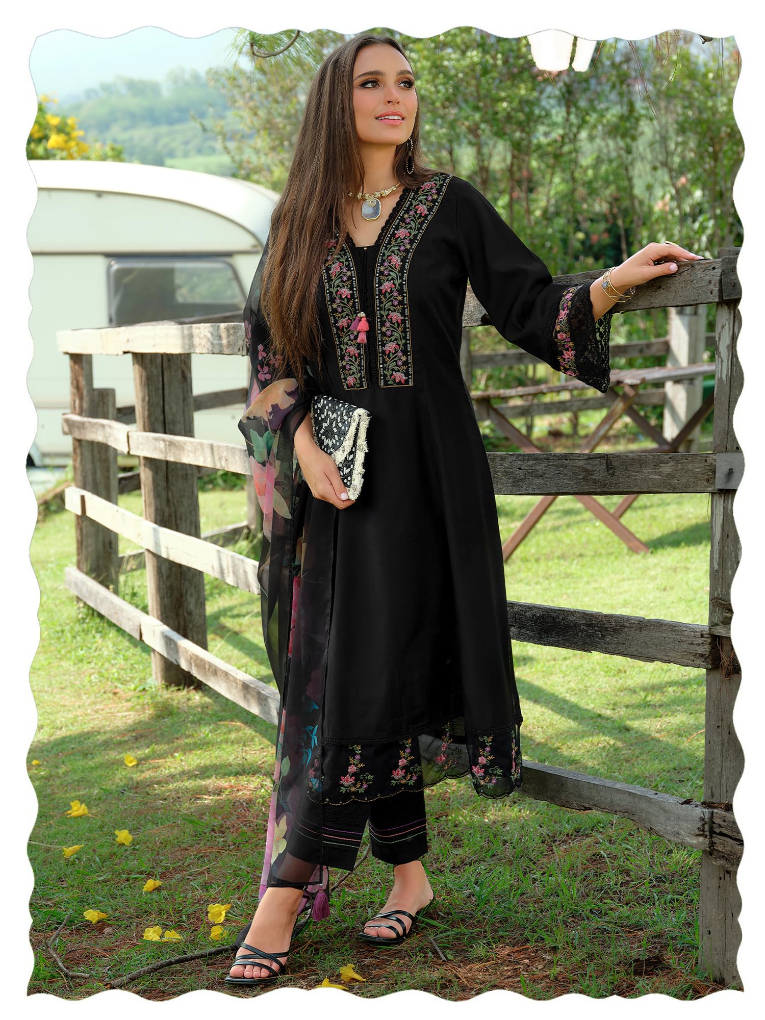 Women's A-Line Silk Blend Floral Embroidered Kurta & Pant with Dupatta Set (IEOUT10970)-image-15