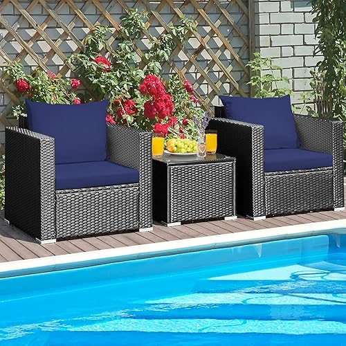 Miniatura 6 de Juego de muebles de mimbre de ratán para exteriores, 3 piezas, con cojín resistente al agua y mesa de vidrio templado, silla de mimbre para porche,