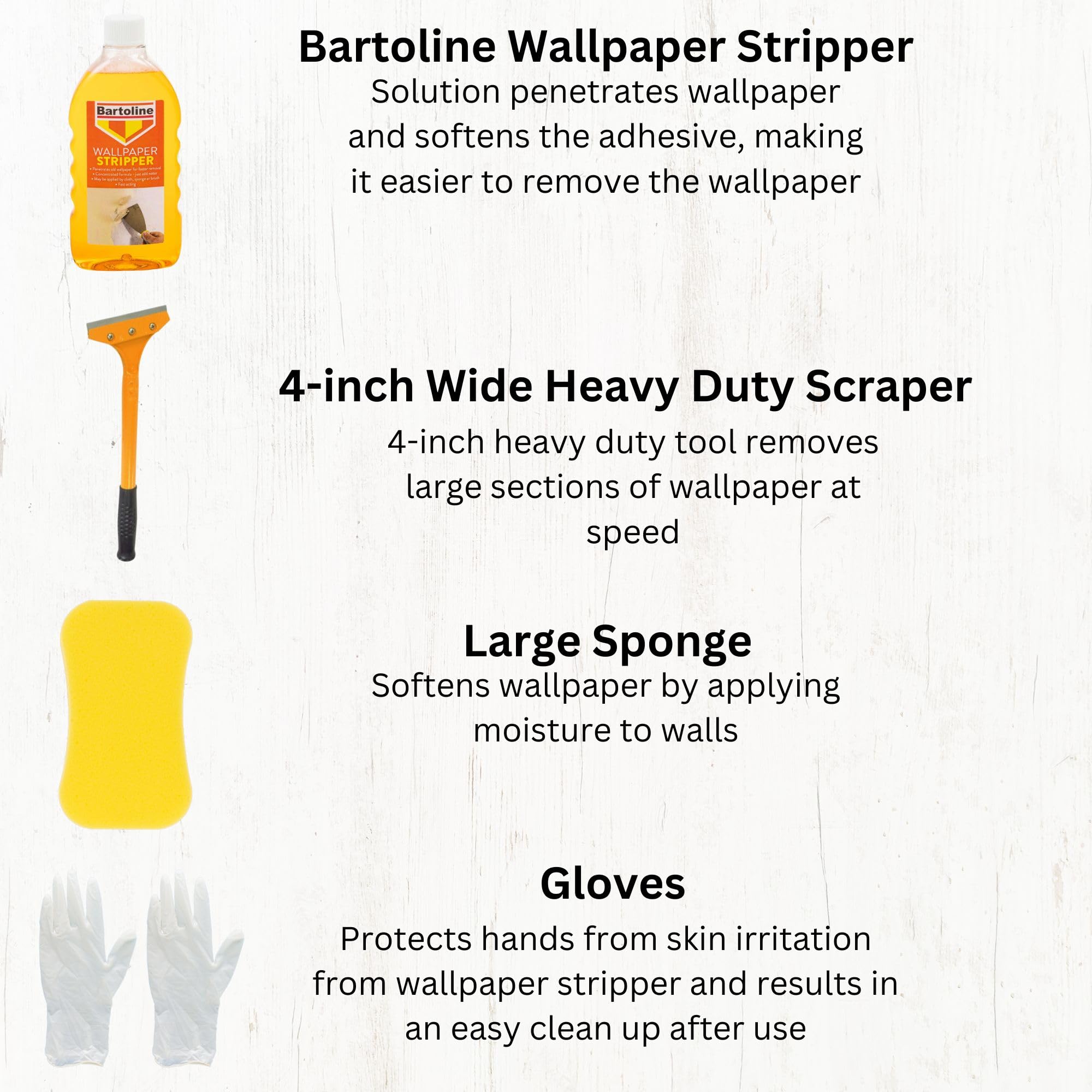Kit de décapage pour papier peint – Le lot comprend une pince à papier peint Bartoline, un grattoir à papier peint robuste, une grande éponge et une paire de gants – Convient pour tous les types de