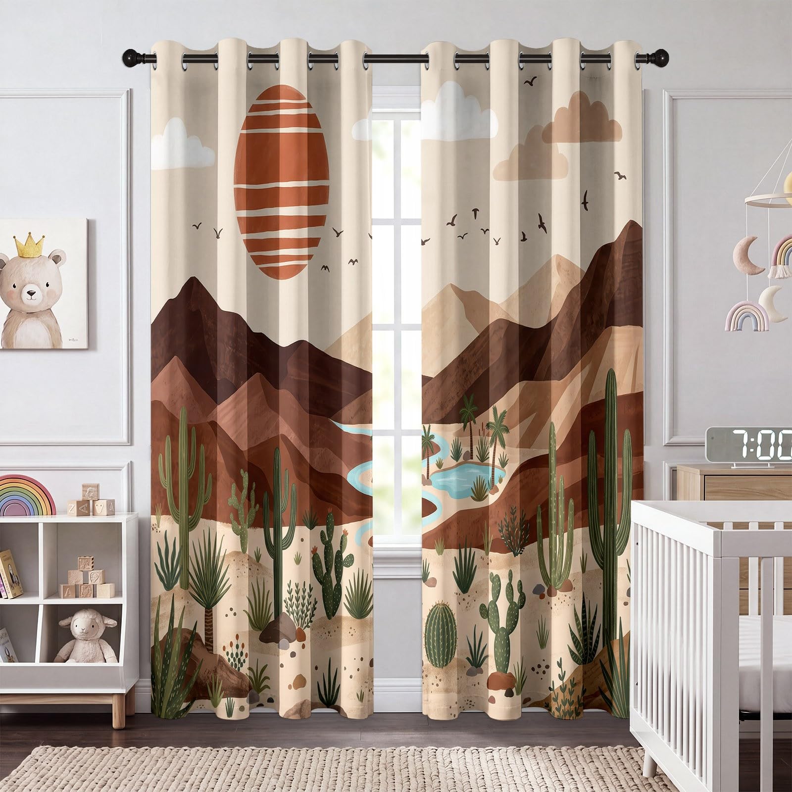 Generisch Verdunkelungsvorhänge mit Wüste Berge Kaktus Sonne Print, Natur Minimalistisch Vorhänge für Wohnzimmer Schlafzimmer, Schalldicht Wärmeisolierend Braunes Vorhang, H215 x B110 cm x 2