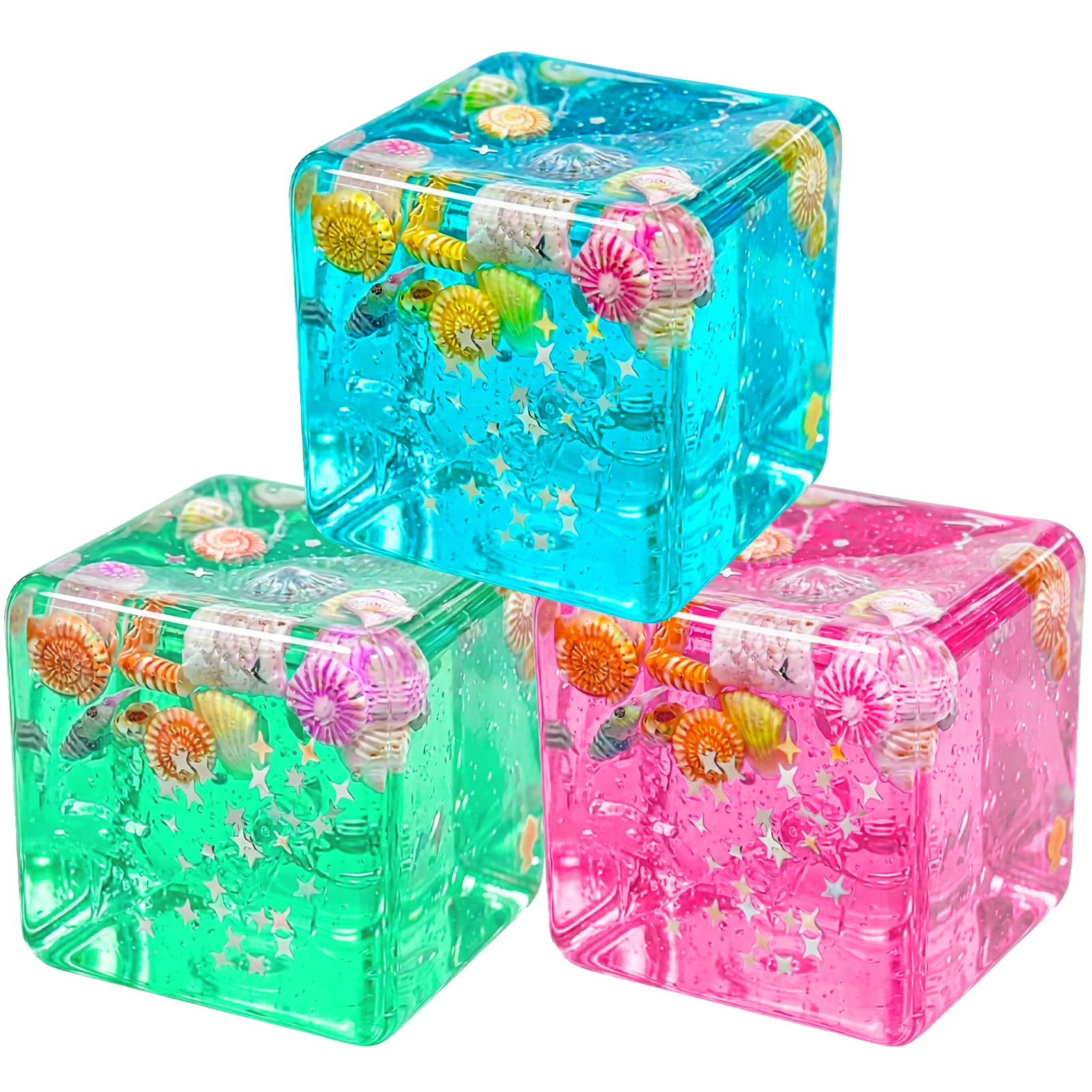 Stress Cube Fidget Toys,Glow-in-The-Dark Clownfish Inside,Squishy Sensory Toy to Stress and Anxiety Relief,Squeeze Fidgets for Autism Adults Party Favors,Halloween, (3pc ocean) â image 1
