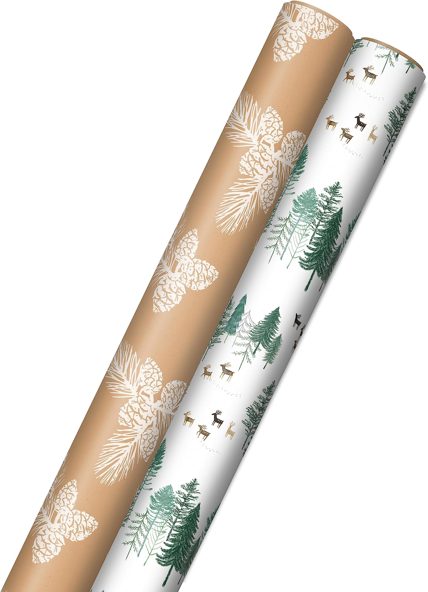 Christmas Wrapping Paper Rolls - Green Trees, White Pine Cones on Recyclable Brown Kraft Gift Wrap Paper (Set of 2 Rolls: 150 sq. ft. ttl.) for Holiday Parties, Winter Weddings