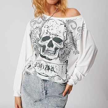 Women's Autumn Loose Tops, Skull Bone Print Slant Shoulder