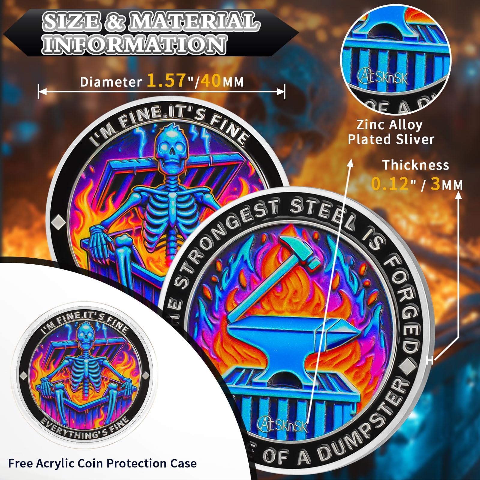 Purple Flame Skeleton Dumpster Fire Coin, I'm FINE Dumpster Fire Challenge Coin, Funny Office Desk Accessories - Image 4