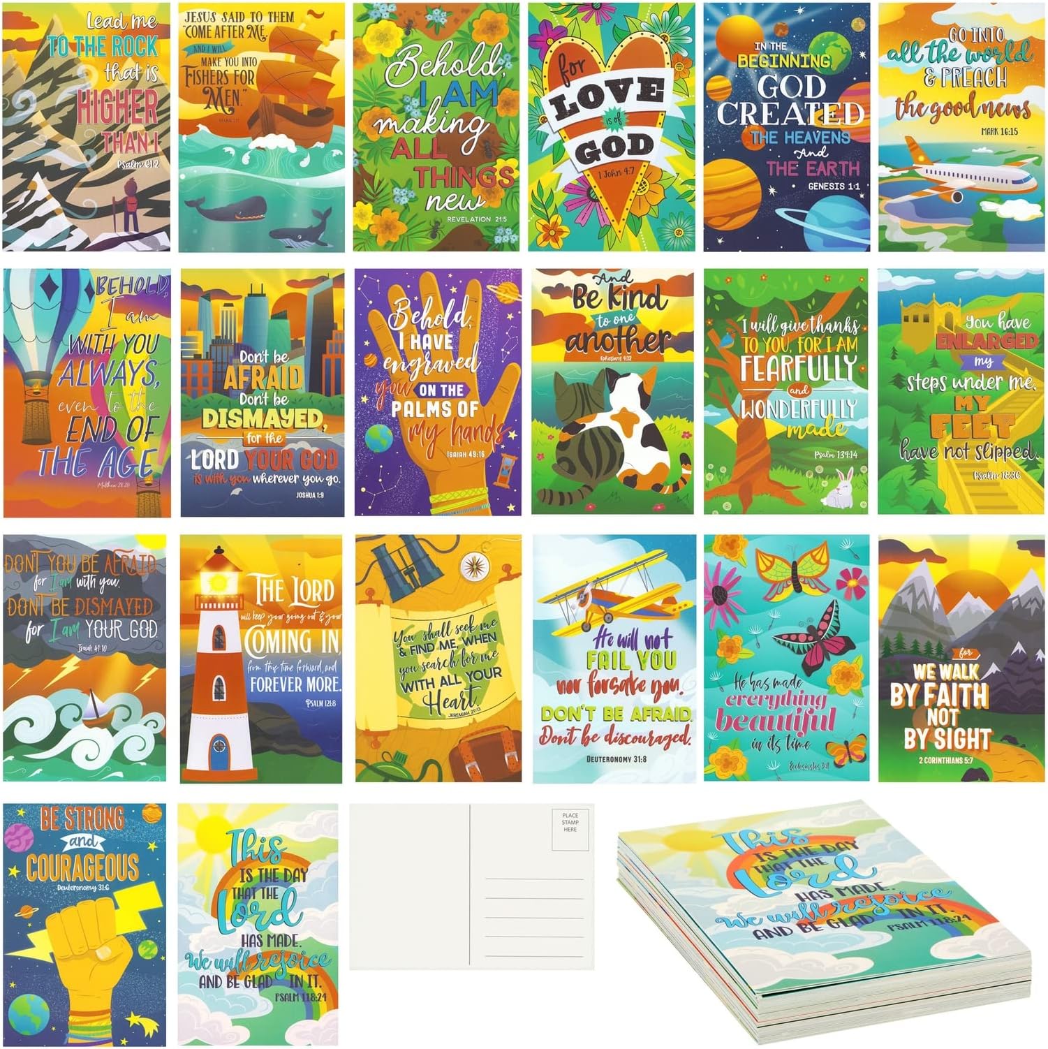 Faithful Finds Scripture Postcards for Kids 40 Pack - 4 x 6 in Multi-Color Religious Cards - Motivational & Inspirational Messages - Double-Sided Glossy Finish