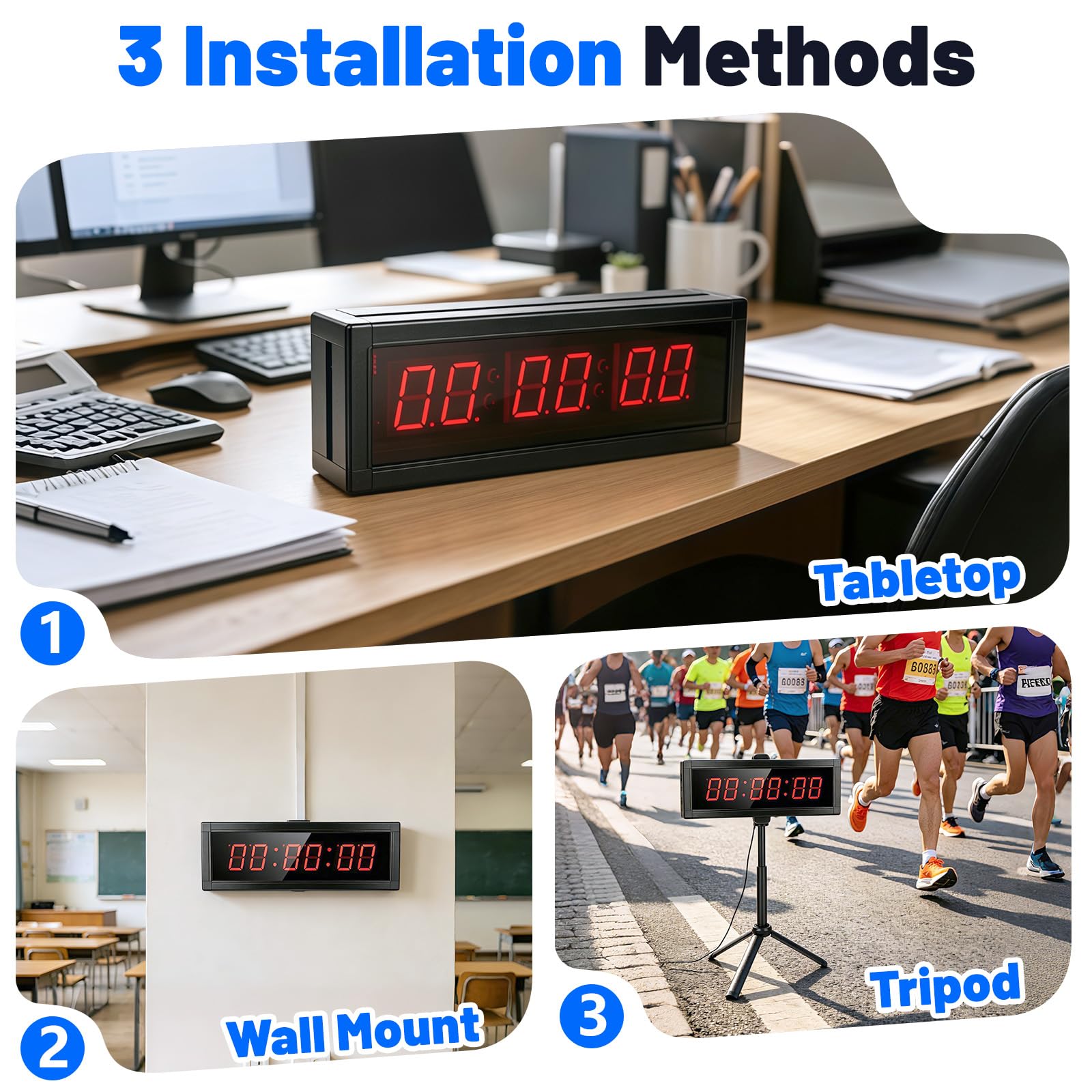 Temporizador Gimnasio, Temporizador Digital con Botón Cronómetro, Control Remoto y Soporte, Cronometro de Fitness LED con Funciones Cronómetro/Cuenta Regresiva, 12/24H Reloj de Pared Digital