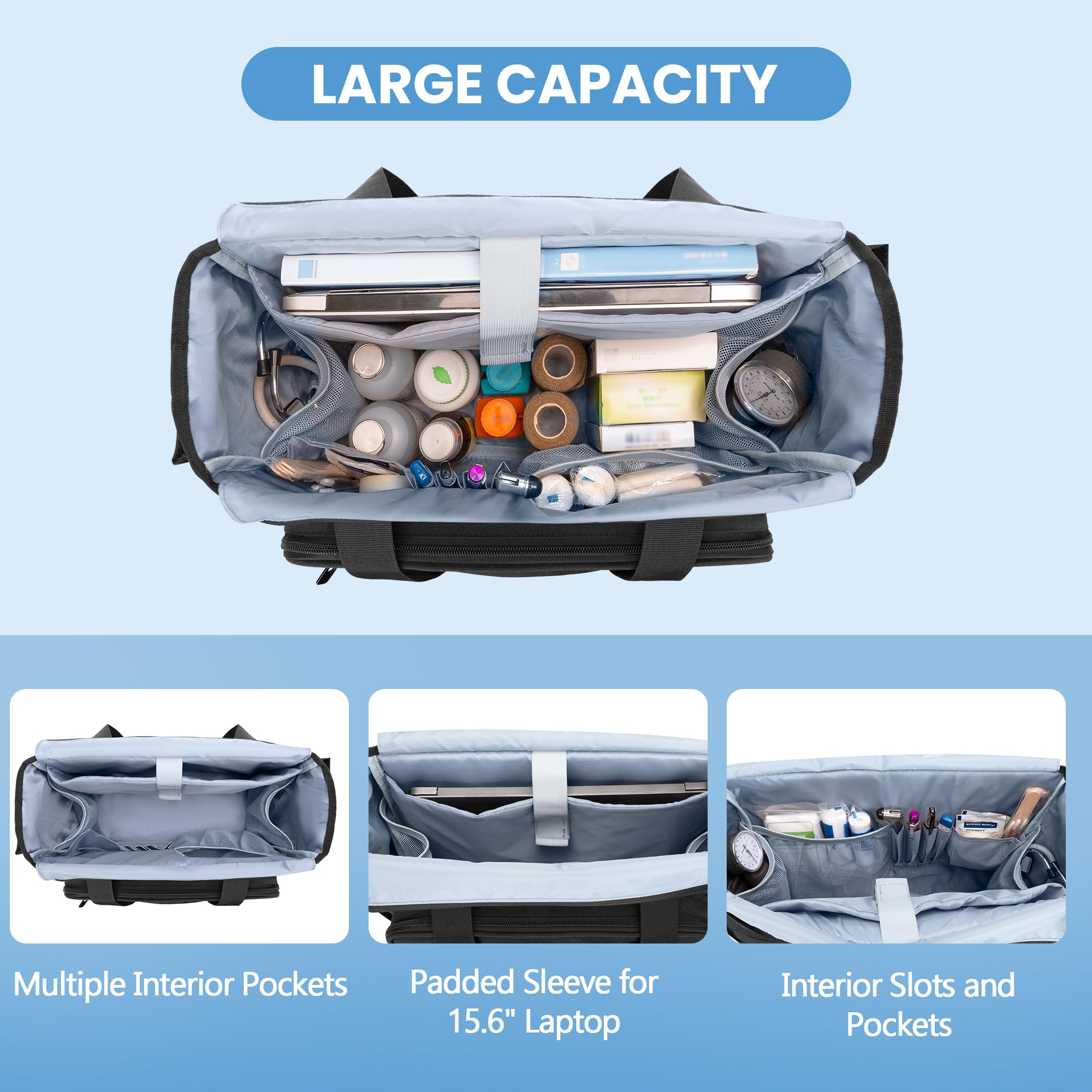 CURMIO Sac de Travail pour Infirmière, Sac Médical Portable avec Pochette Accordéon et Housse pour Ordinateur Portable 15,6", Noir
