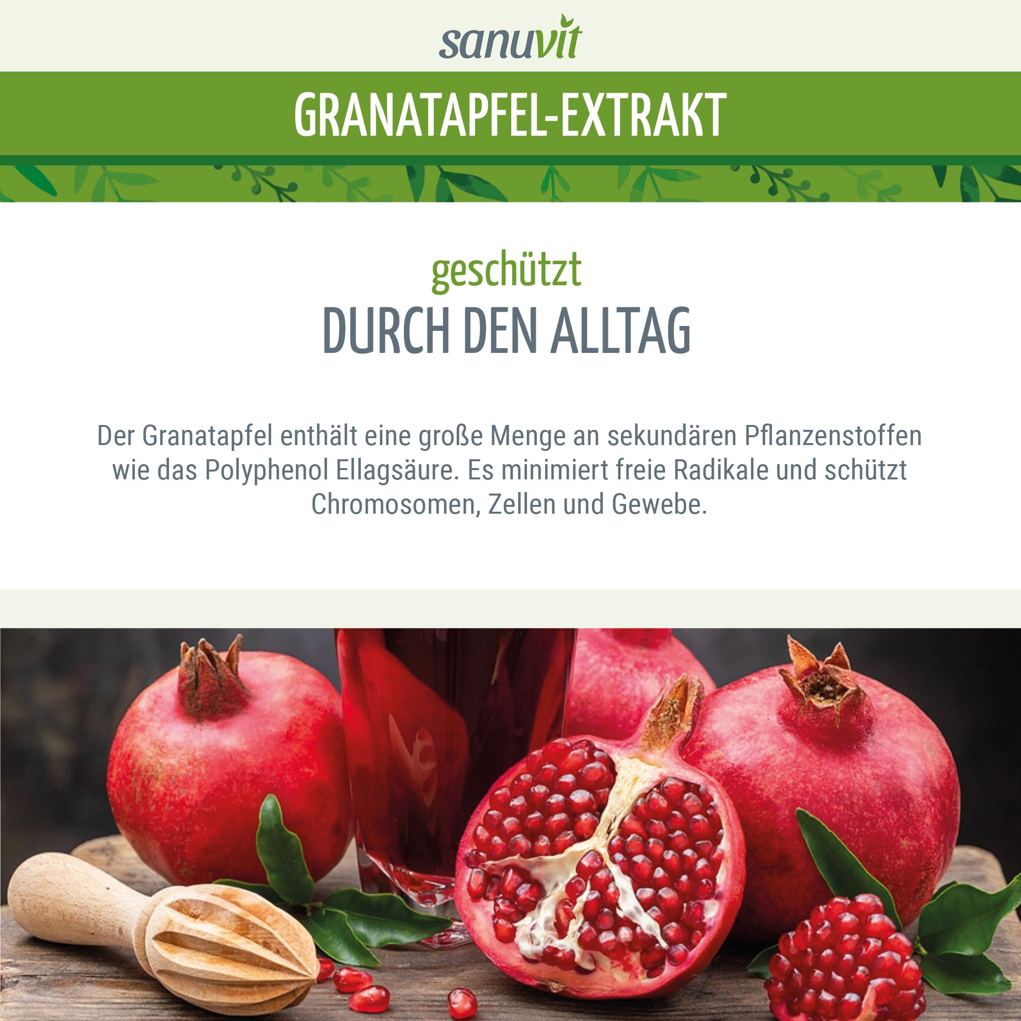 Sanuvit® - Granatapfelextrakt 600 mg | 120 Kapseln | 120 mg Ellagsäure & 120 mg Punicalagin | Aktiver Zellschutz | hochkonzentrierte Antioxidantien | Hochdosiert | Vegan