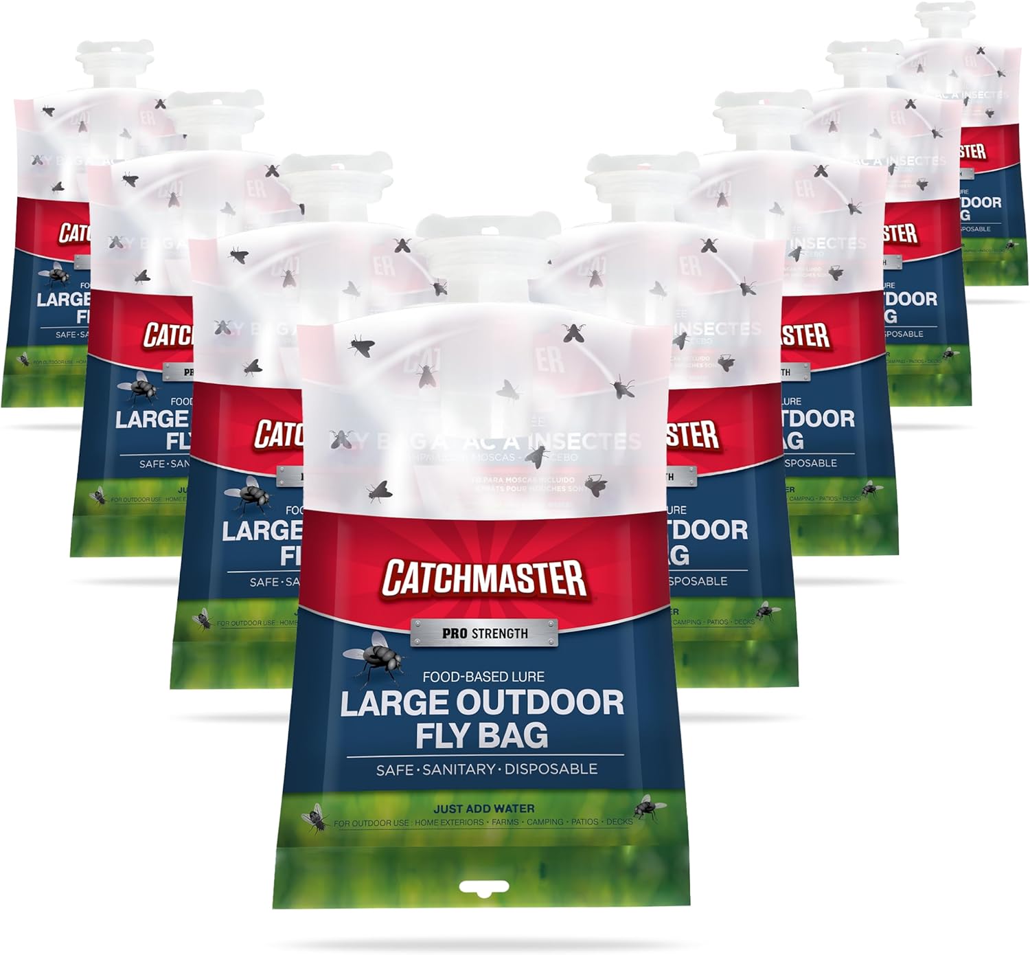 Catchmaster Pro Series Disposable Fly Bag 8-Pack, Hanging Fly Trap Outdoor Home, Bug Catcher and Flying Insect Trap with Premium Food Lure, Pest Control XL Bag for Backyard, Pool, Patio & Camping