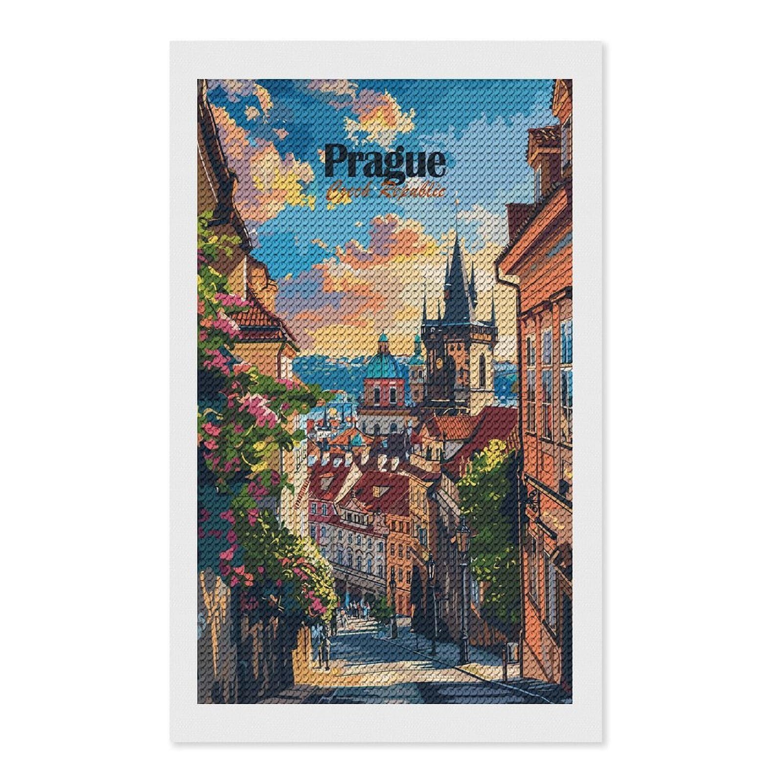 Junmoney Prague Cityscape DIY Diamond Art Canvas Kit 12"x20", Complete Accessories, Creative Leisure Activity, Home Wall Decor, Gift Idea