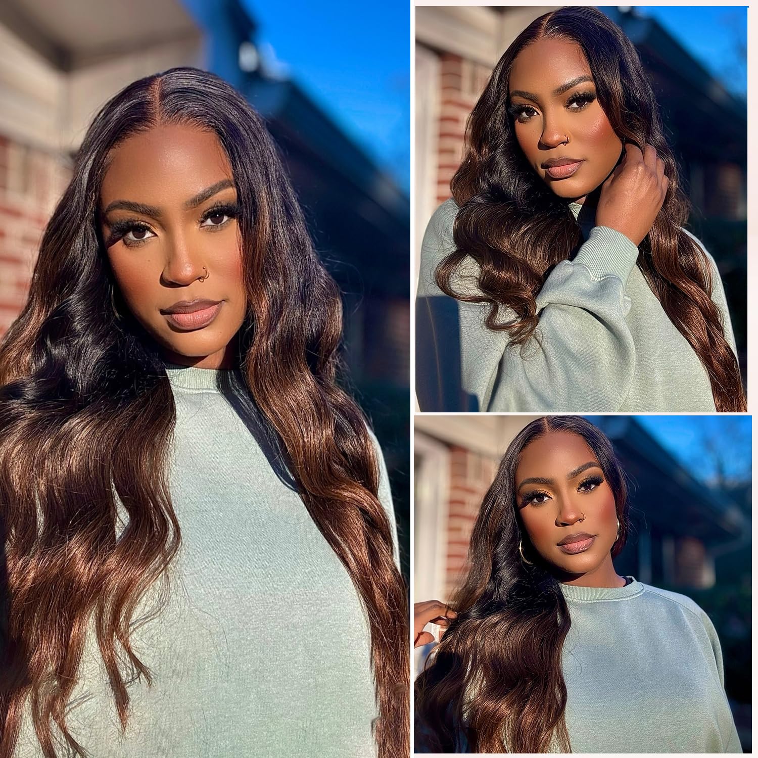 1B/2/4 Ombré Body Wave Human Hair Bundles 16 18 20 Chestnut Brown Bundles Human Hair Three Tones Ombré Brown Body Wave Human Hair Extensions