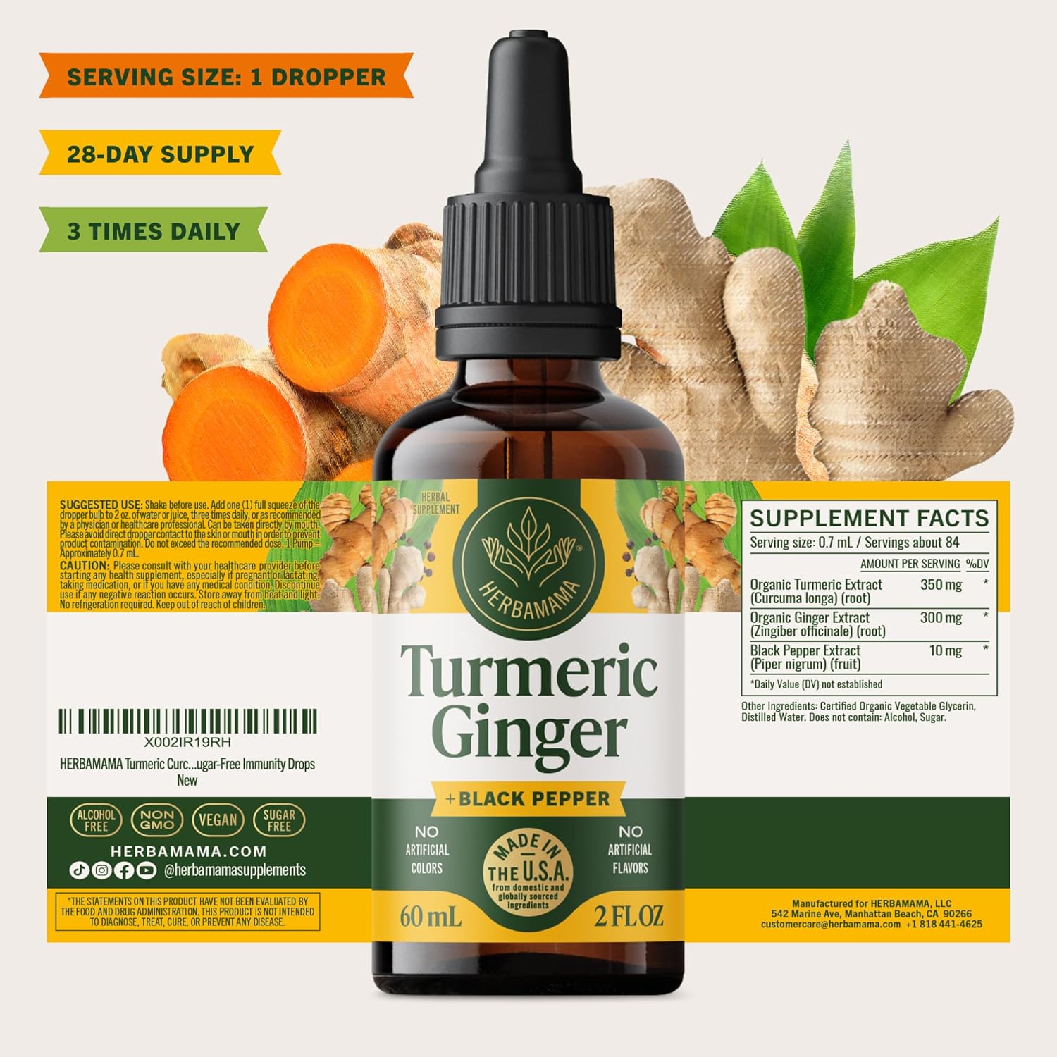 HERBAMAMA Turmeric Curcumin and Ginger Supplement - Vegan Immune Blend with Liquid Ginger Root,Turmeric & Black Pepper Extract - Non-GMO, Alcohol & Sugar-Free Immunity Drops