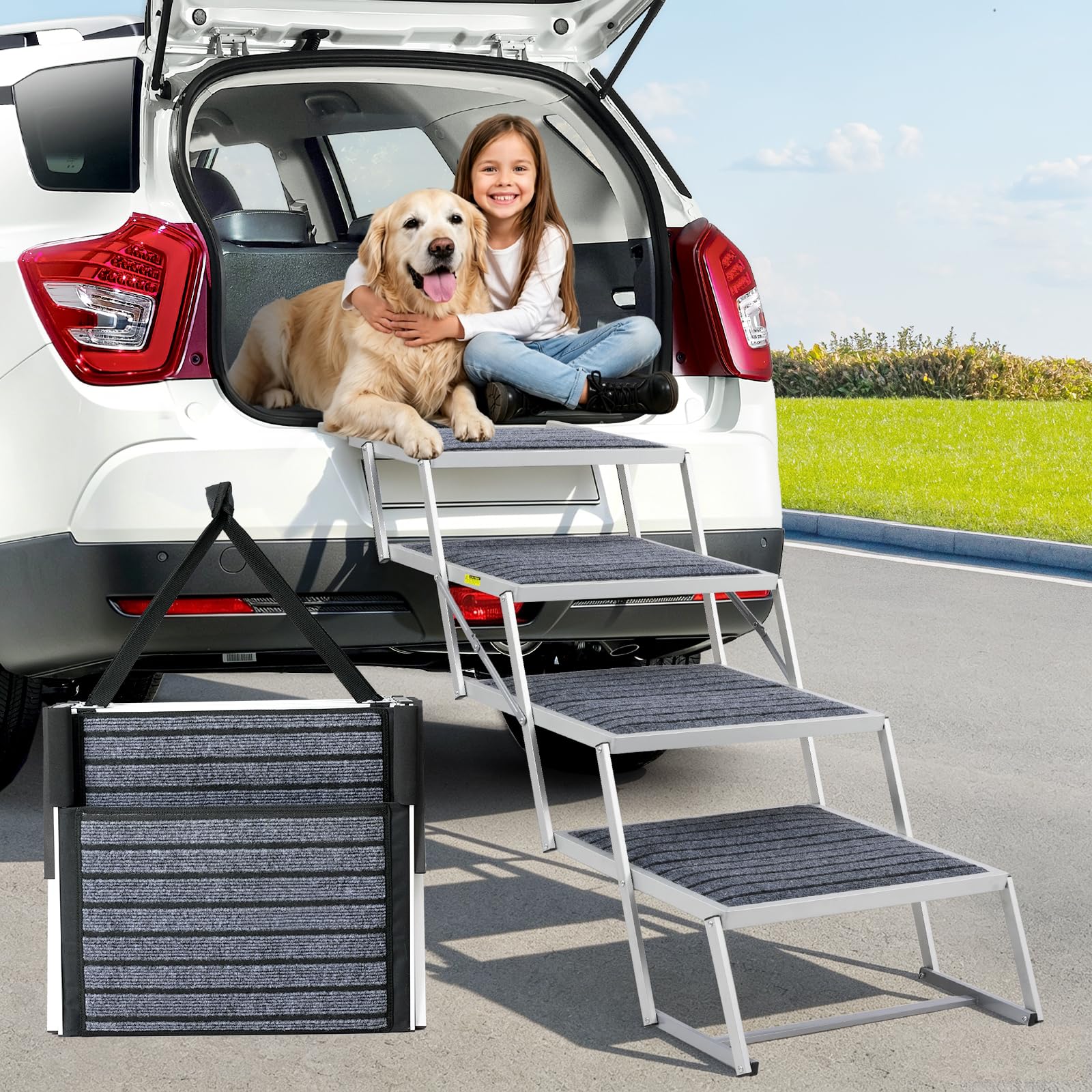 Escalier pour chien de voiture avec tapis, extra large à 4 marches, pliable, léger et antidérapant, pour camion et SUV, supporte jusqu'à 100 kg