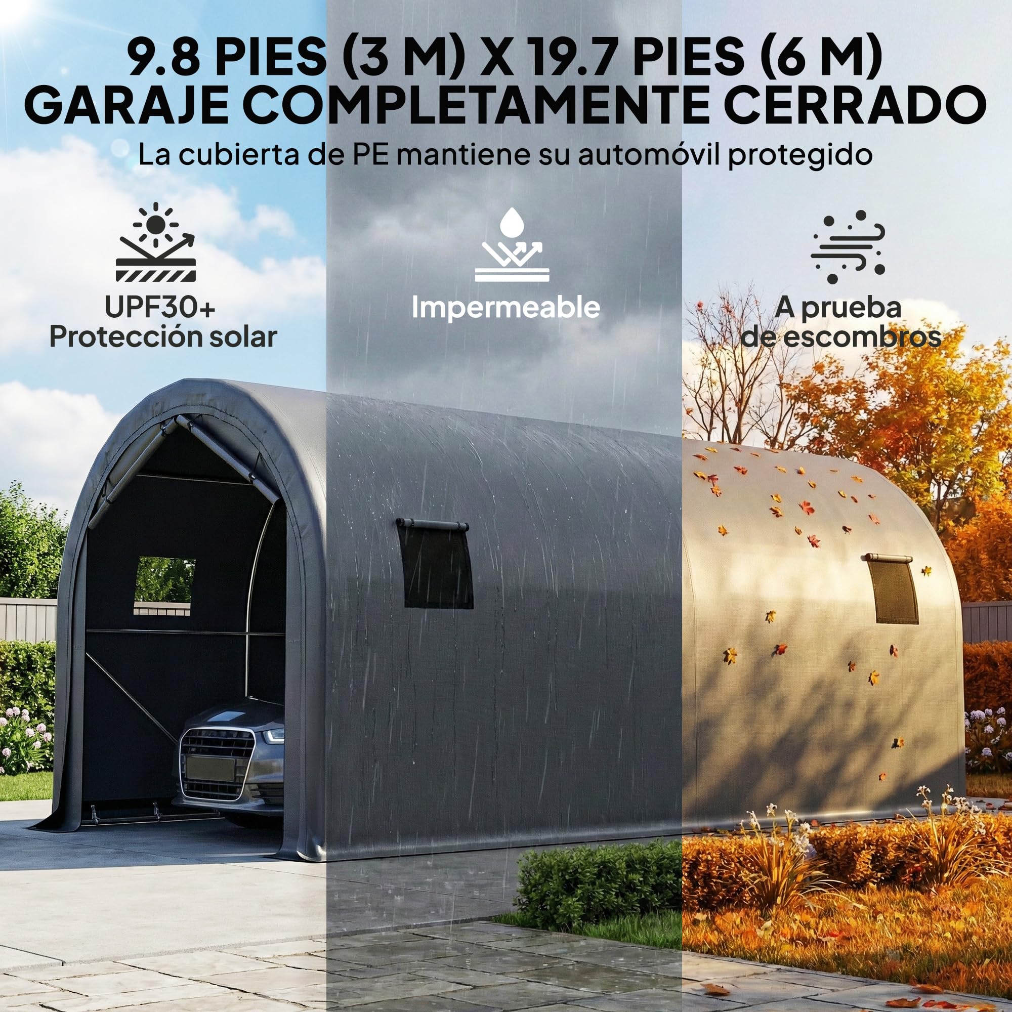 Outsunny Carpa Garaje Portátil 3x6 m, Garaje Exterior para Coche Impermeable con Puerta Enrollable con Cremalleras y 4 Ventanas, Marco Metal Galvanizado, UPF 30+, Cobertizo de Almacenamiento, Gris