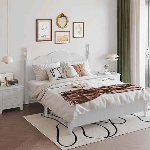 Miniatura 23 de DEINPPA Marco de cama bajo con póster de estilo inglés, cama de plataforma de madera medieval, no necesita somier, nogal oscuro 2-Nogal oscuro