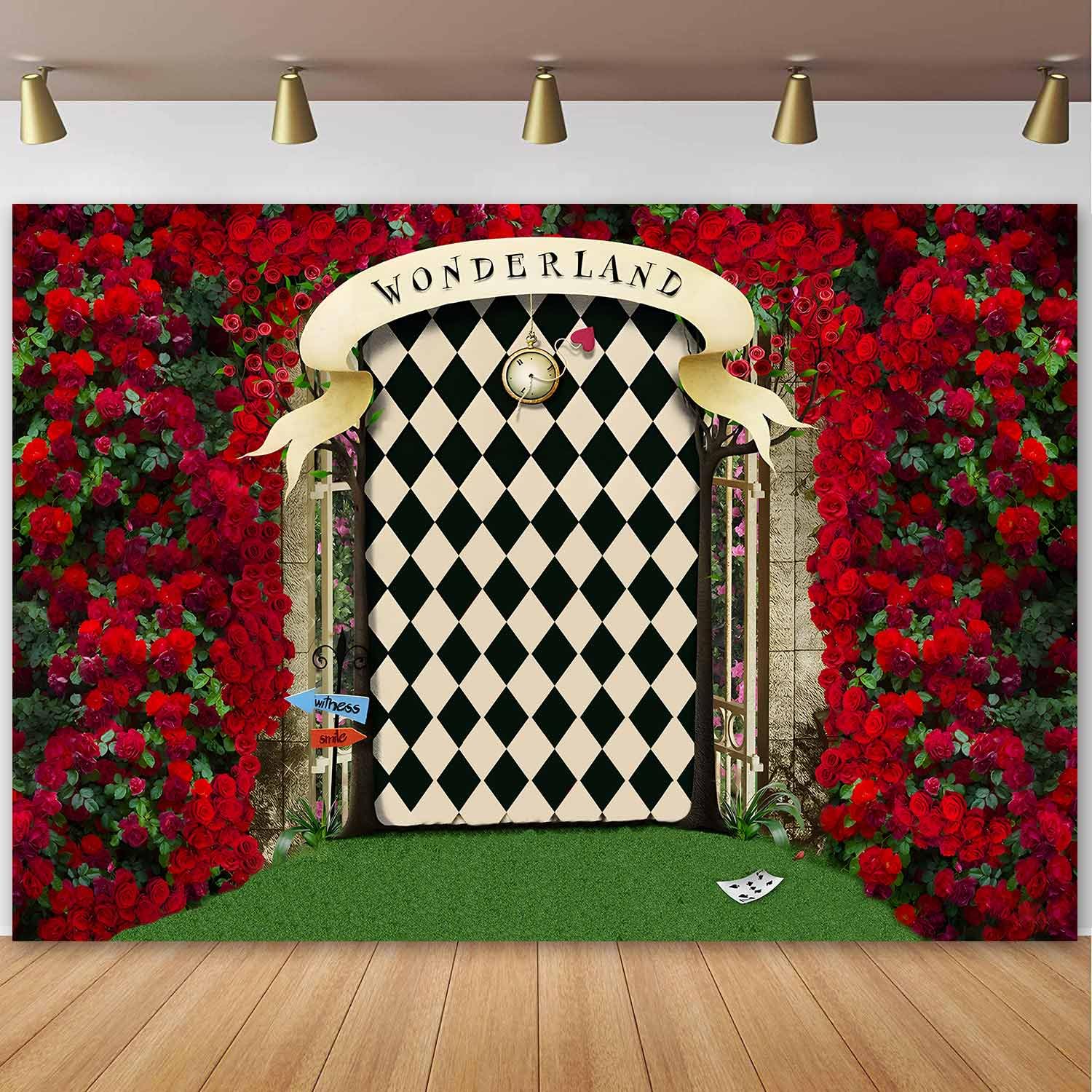 Sensfun Wonderland Backdrop for Photography,Wonderland Tea Party Backdrops Fairy Tale Rose Flower Garden Gate Background for Girls Birthday Baby