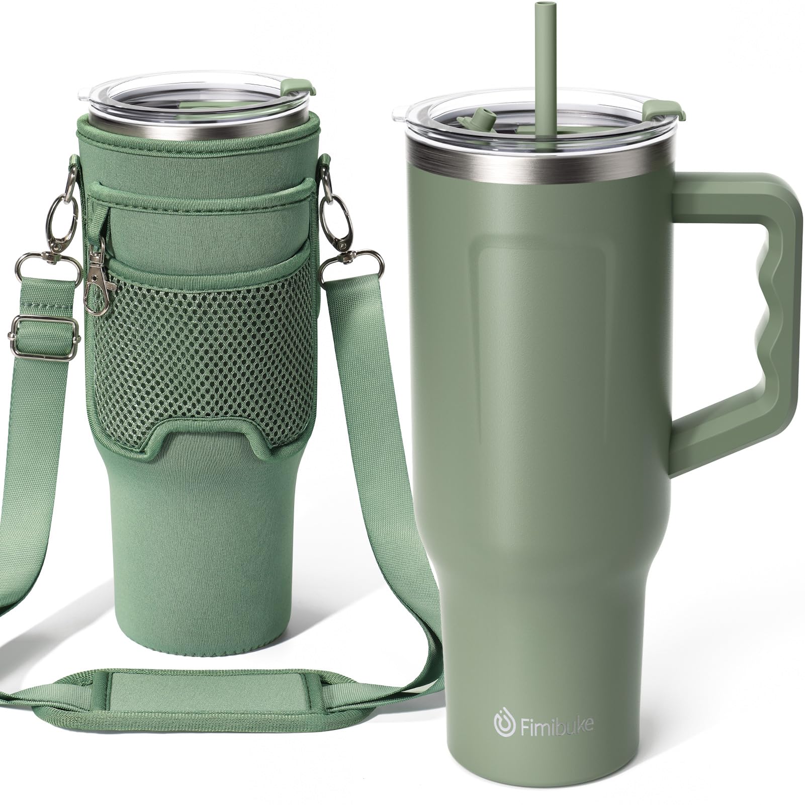 Fimibuke 40 oz Tumbler with Handle & Carrier Bag, Stainless Steel Vacuum Insulated Cup with Leakproof Lid & 2 Silicone Straw, Reusable Water Bottle Cupholder Friendly Women Men Travel Mug with Sleeve