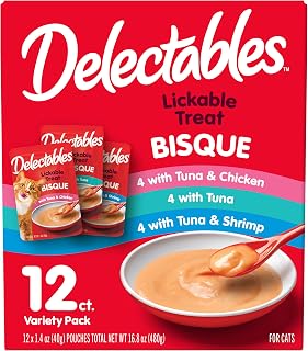 Hartz Delectables Bisque Lickable Wet Cat Treats - Chicken, Tuna & Shrimp Variety Pack, 12 Pouches - Hydrating Grain-Free Snacks for Picky Cats
