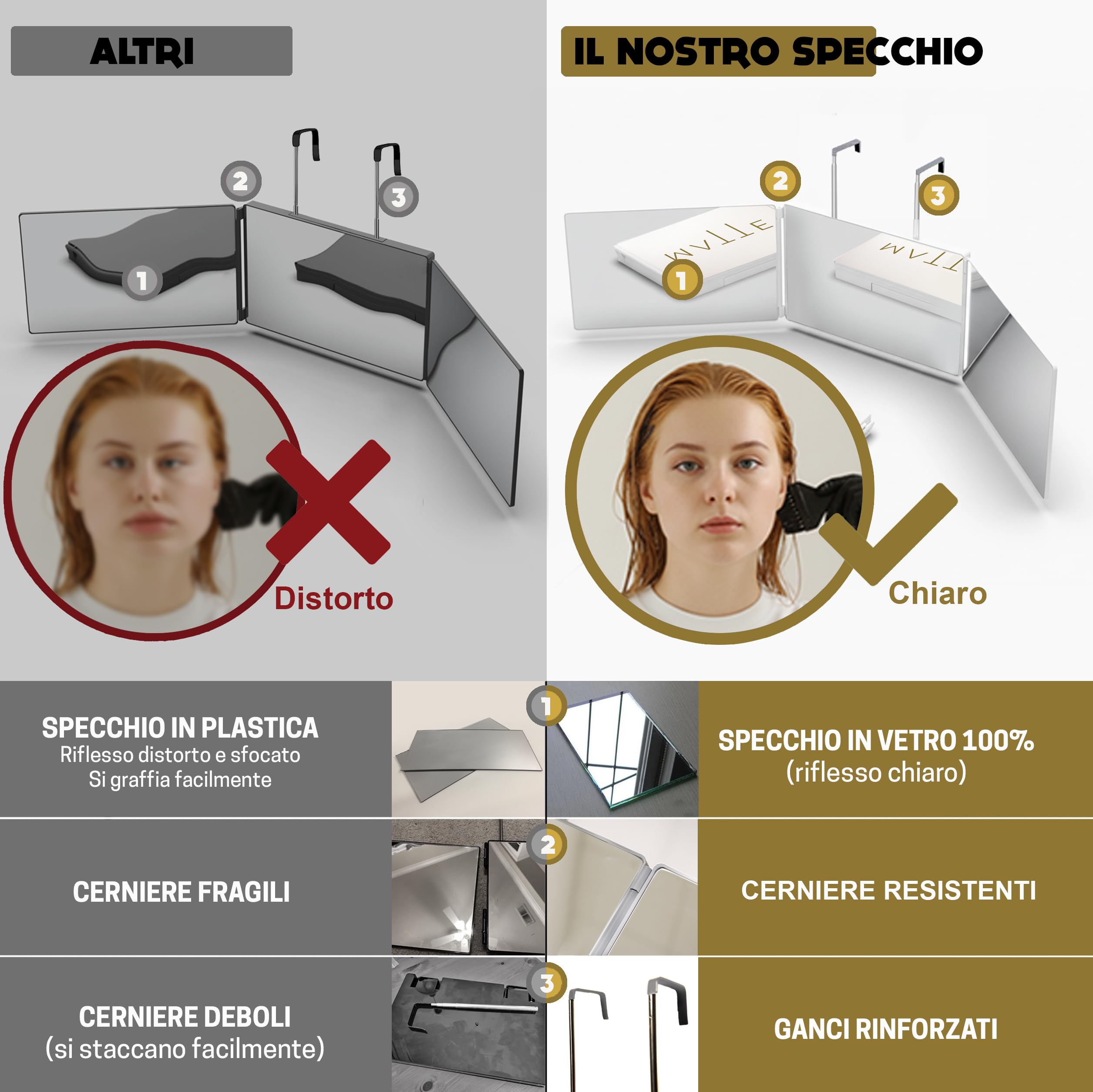 Specchio a 360 Gradi per Parrucchiere e Taglio per Donne - Altezza Regolabile con Gancio - Specchio Pieghevole a 3 Lati - Specchio da Donna per Parrucchiere - Specchio di Bellezza a