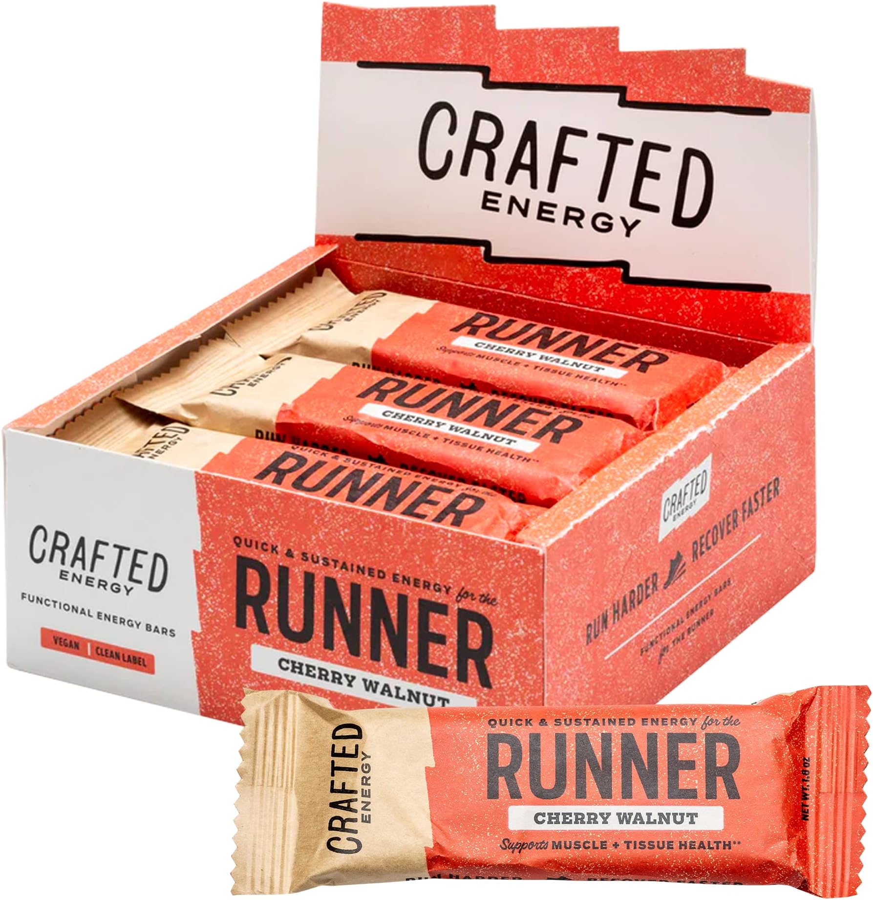 CRAFTED Functional Energy Bar - Sports Specific Quick & Sustained Energy | Natural Clean Label Ingredients to Support Energy, Fight Muscle Soreness, & Help You Work Harder & Recover Faster | Plant Based, Easy to Digest, Clean Ingredient Energy Bars | Pack of 12 52g Bars (Runner (Cherry Walnut))
