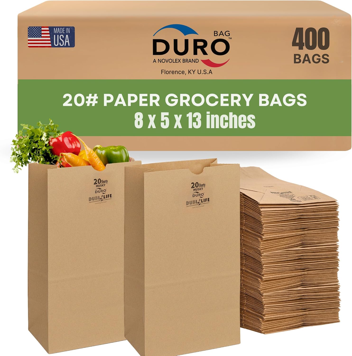DURO 70221 20# Husky Brown Paper Bags, 8.25 x 5.93 x 13.62 In, 400 Ct | Flat bottom stands upright and opens wide for quick packing, blank surface suits bakery, deli, grocery and restaurant takeout
