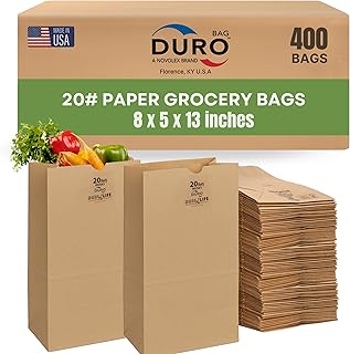 DURO 20# Dubl Life Husky SOS Large Brown Paper Lunch Bags, Bulk Blank Recycled Kraft Paper Sacks for Bakeries, Delis, Grocery, Restaurants, Food To-Go, 8.25 x 5.93 x 13.62, 400 Count