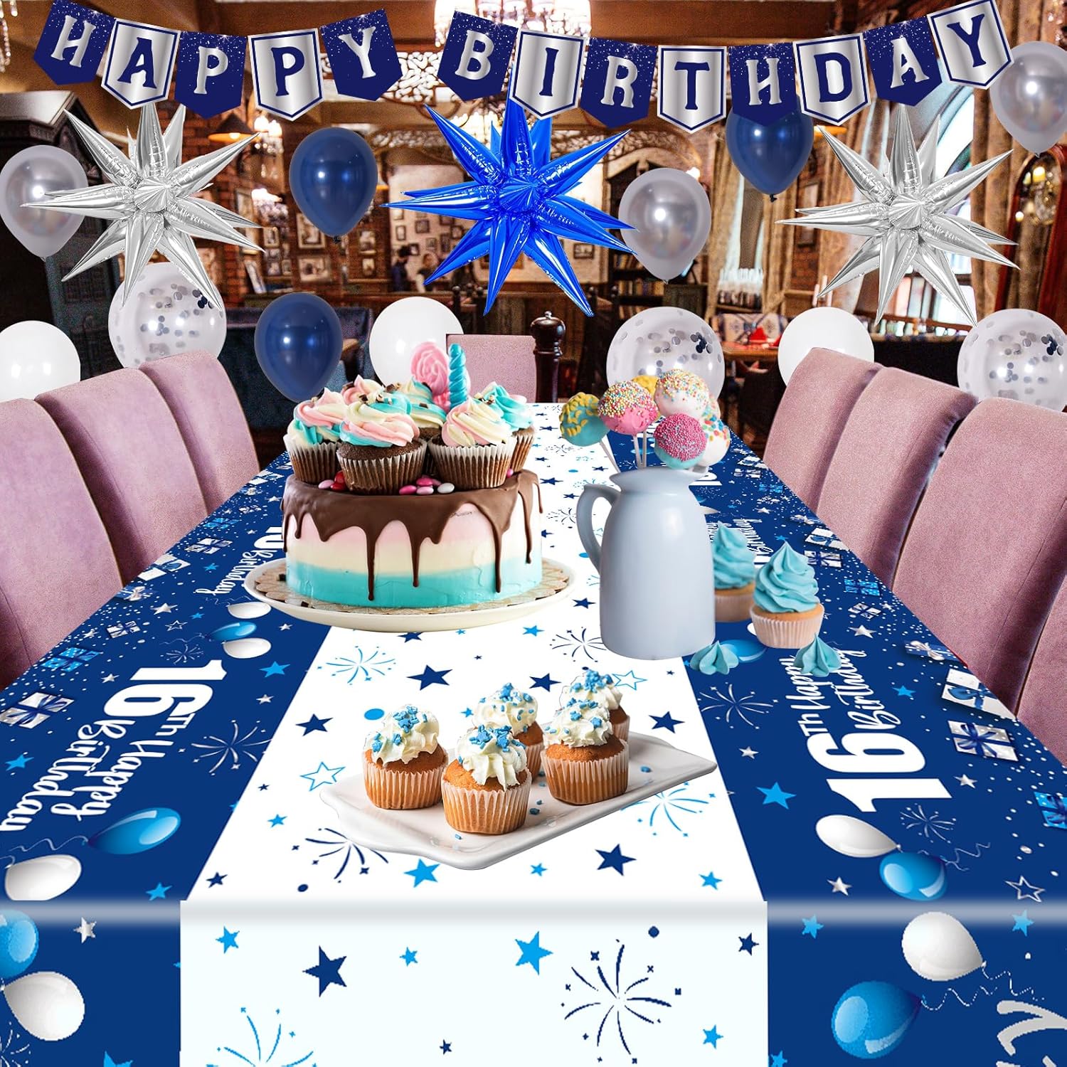 16th Birthday Decorations for Boys Girls, Blue Happy 16th Birthday Decoration Boy, Sweet 16 Party Decorations 16 Year Old BIRTHDAY Tablecloth Door Banner Foil Backdrop Star Balloons - Image 6