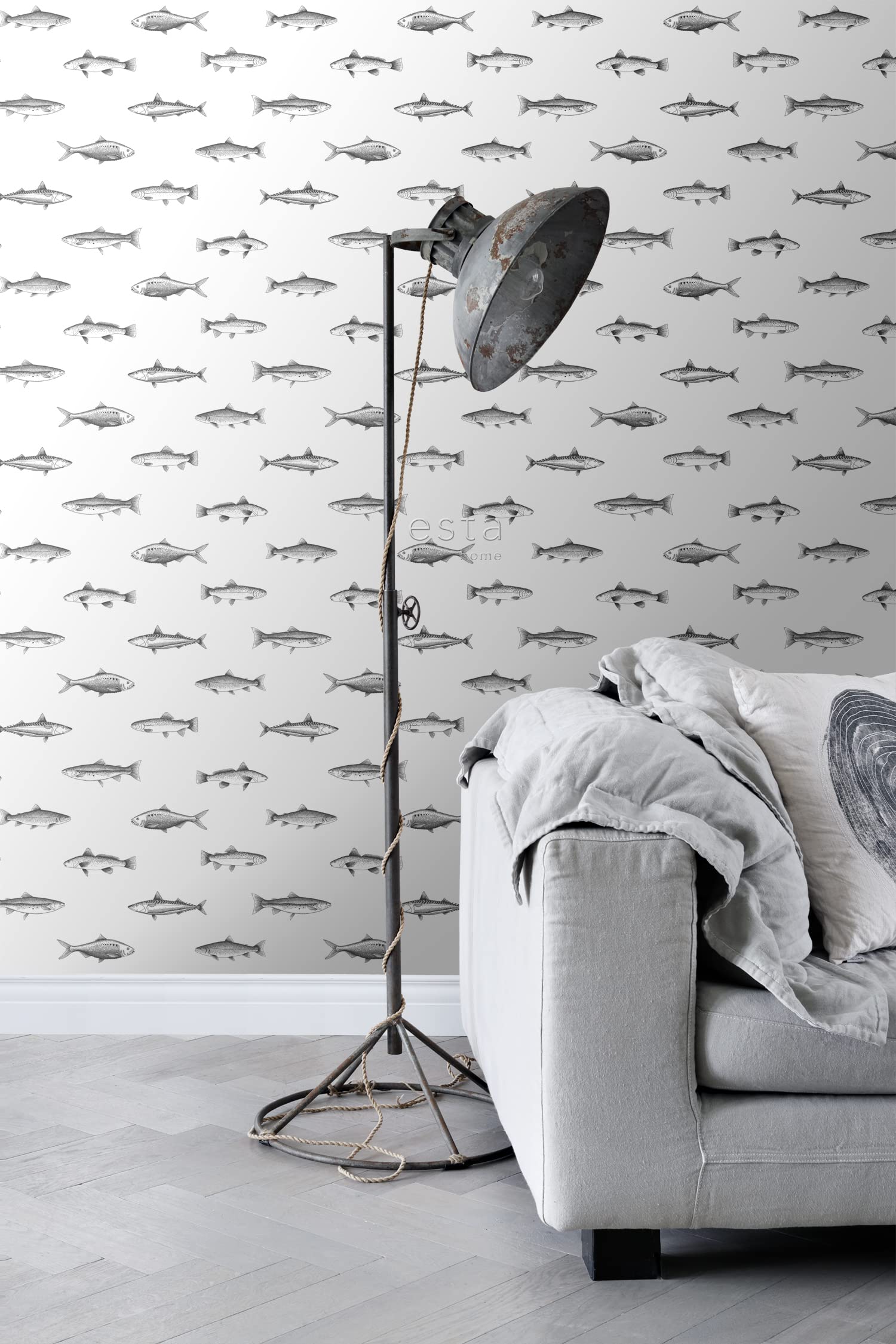 papier peint poissons blanc et noir 53 cm x 10.05 m - ESTAhome