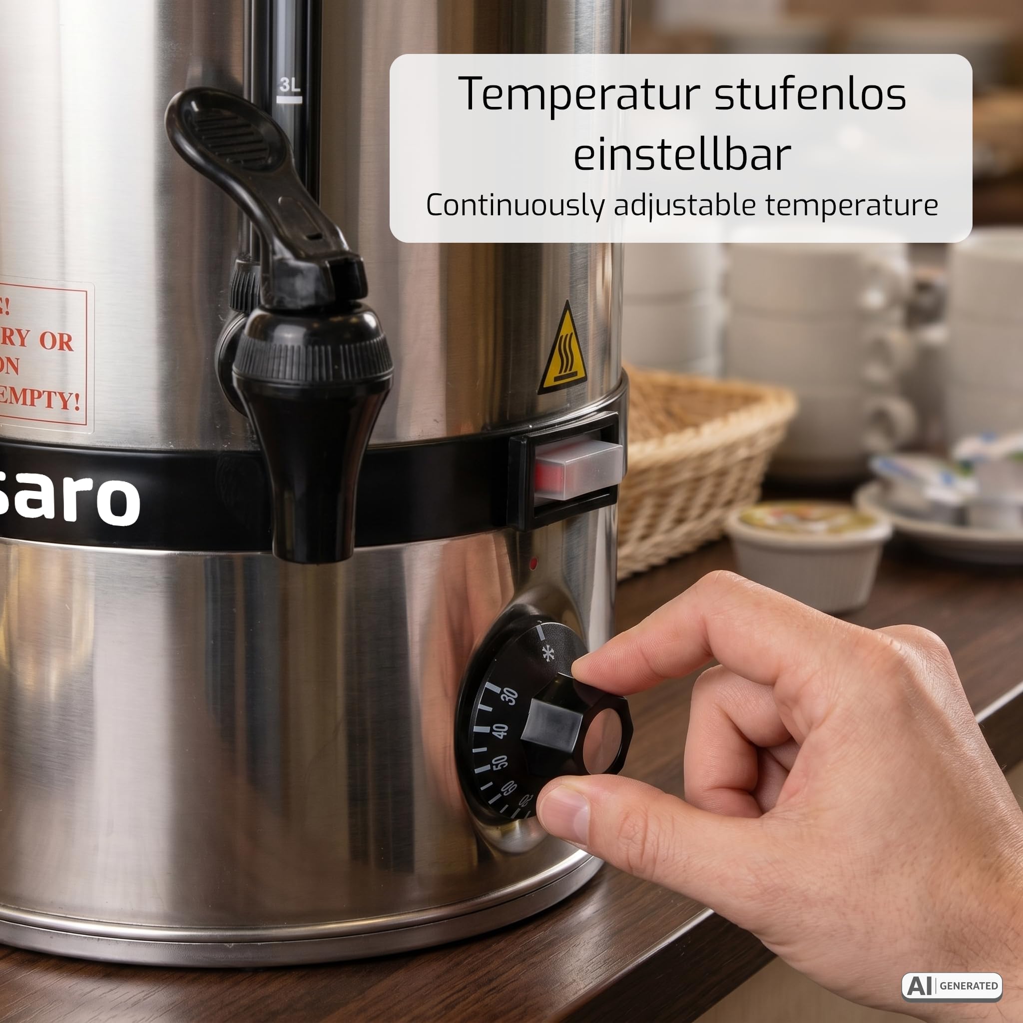 SARO HOT DRINK MINI Hervidor de vino caliente y dispensador de agua caliente, 10 l, acero inoxidable, temperatura 30-110 °C, luces de control, protector térmico